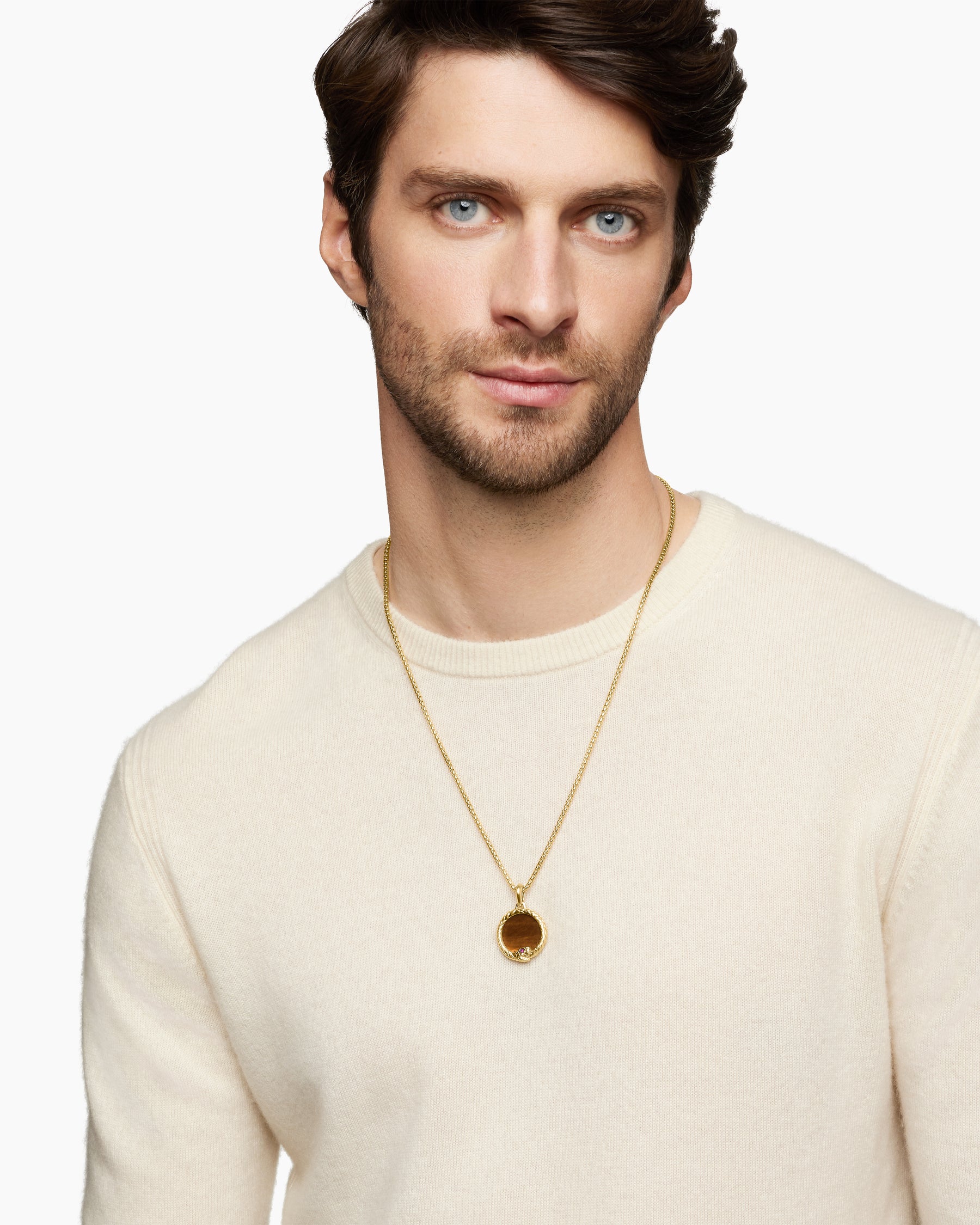 Alternative view of Ouroboros Amulet in 18K Yellow Gold with Tiger's Eye and Ruby, 25mm