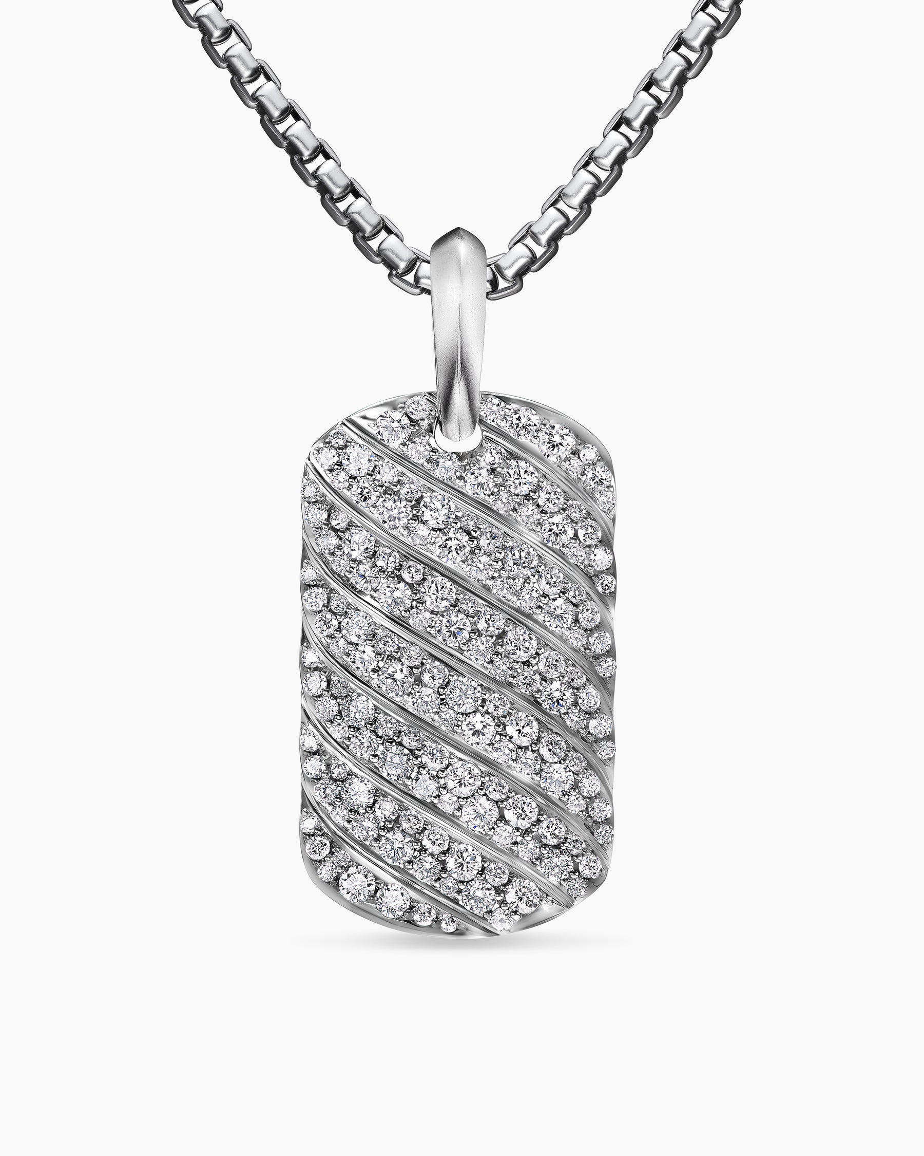 Sculpted Cable Tag in 18K White Gold with Diamonds, 27mm