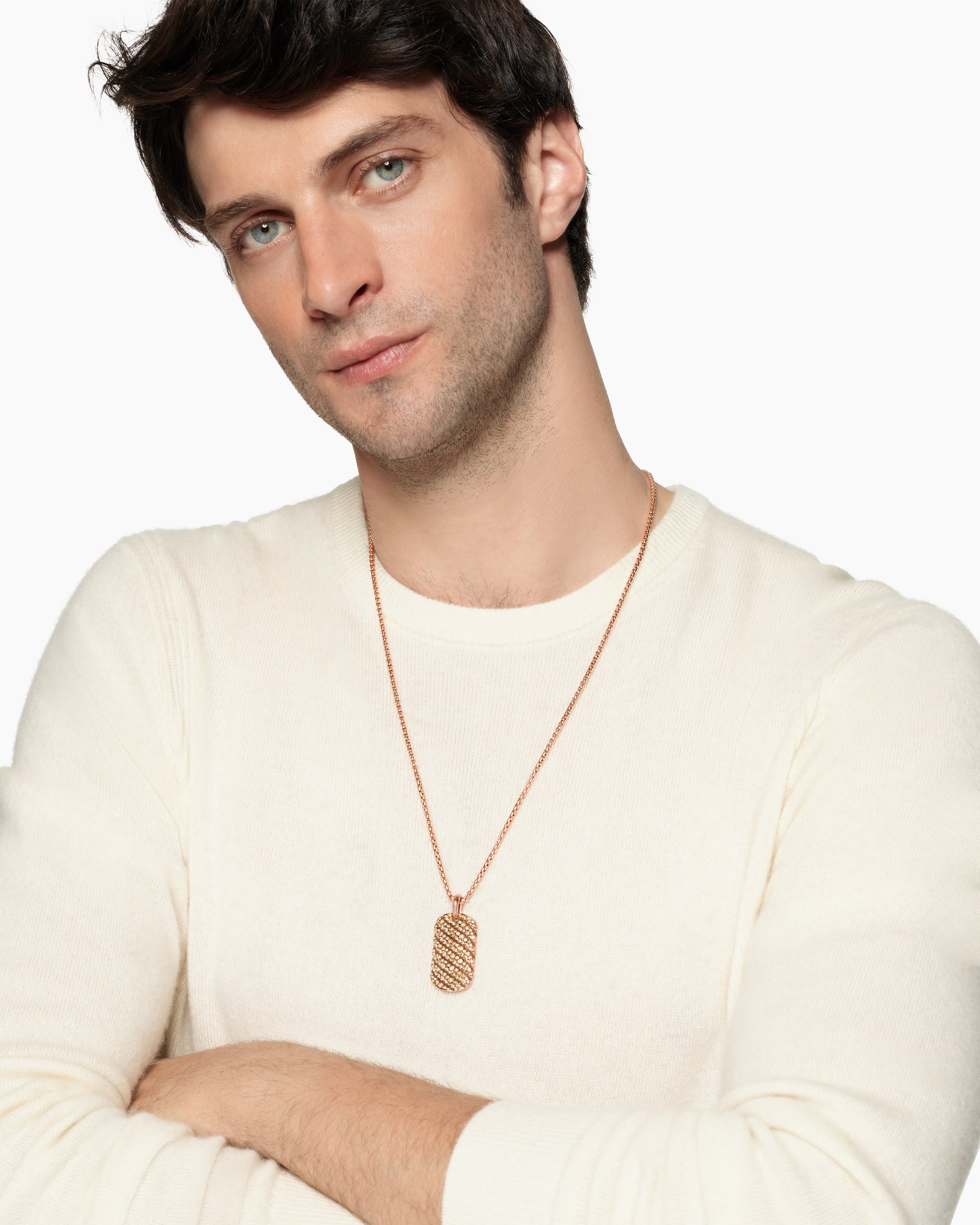 Alternative view of Sculpted Cable Tag in 18K Rose Gold with Cognac Diamonds, 35mm