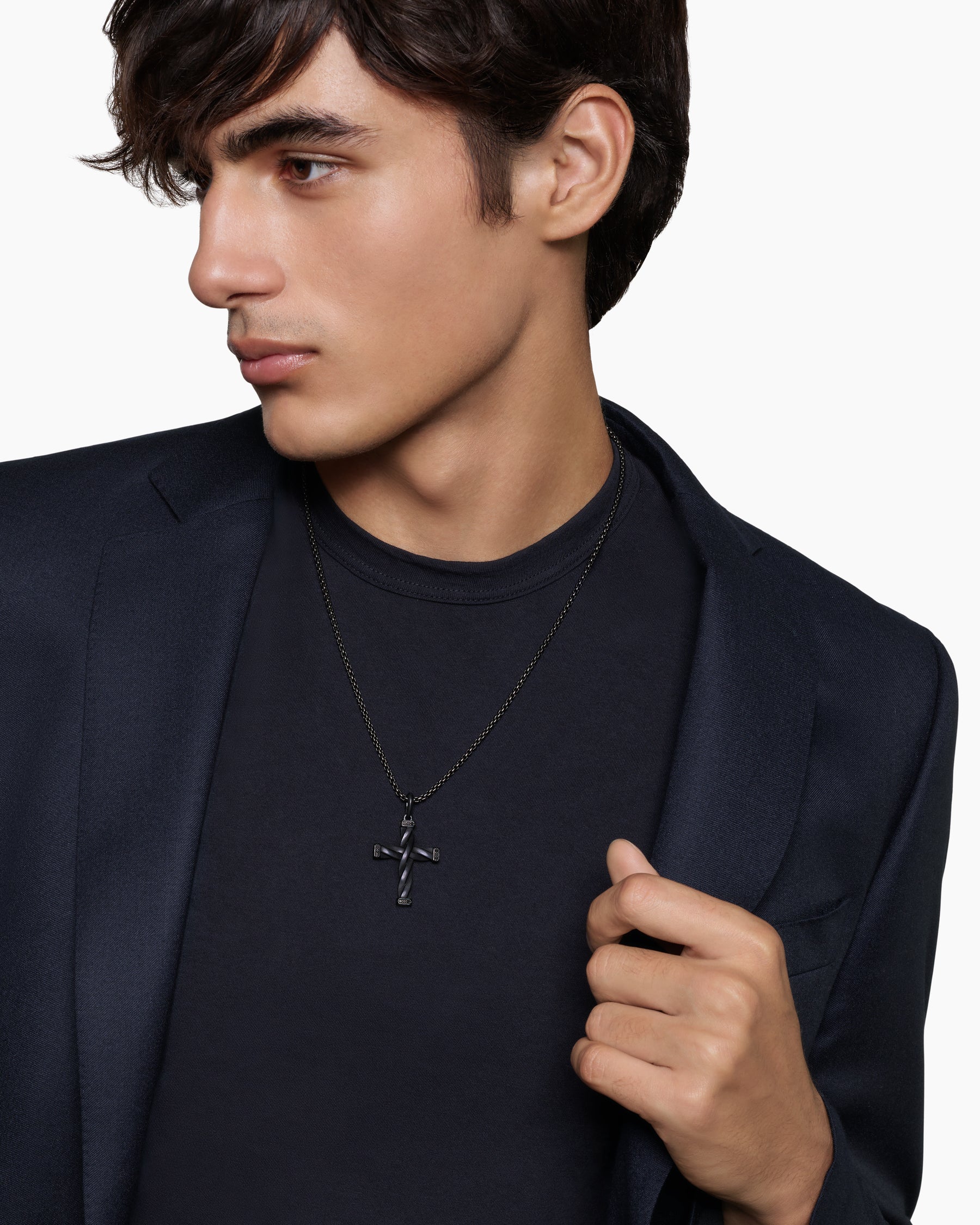 Alternative view of DY Helios Cross Pendant in Black Titanium with Black Diamonds, 36mm