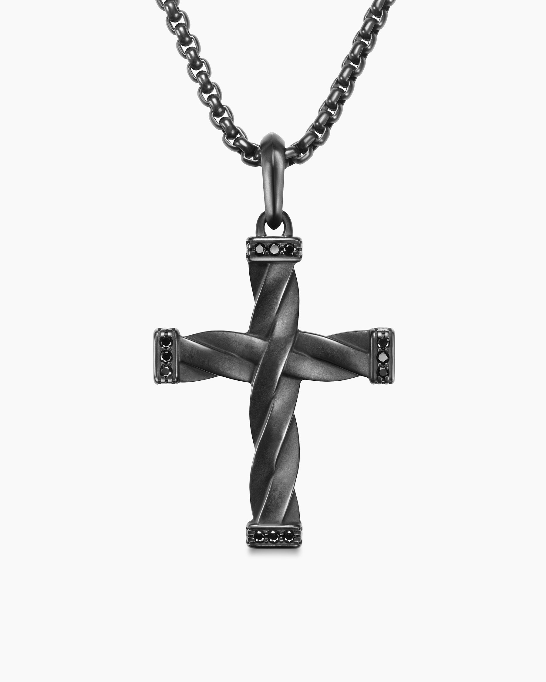 DY Helios Cross Pendant in Black Titanium with Black Diamonds, 36mm