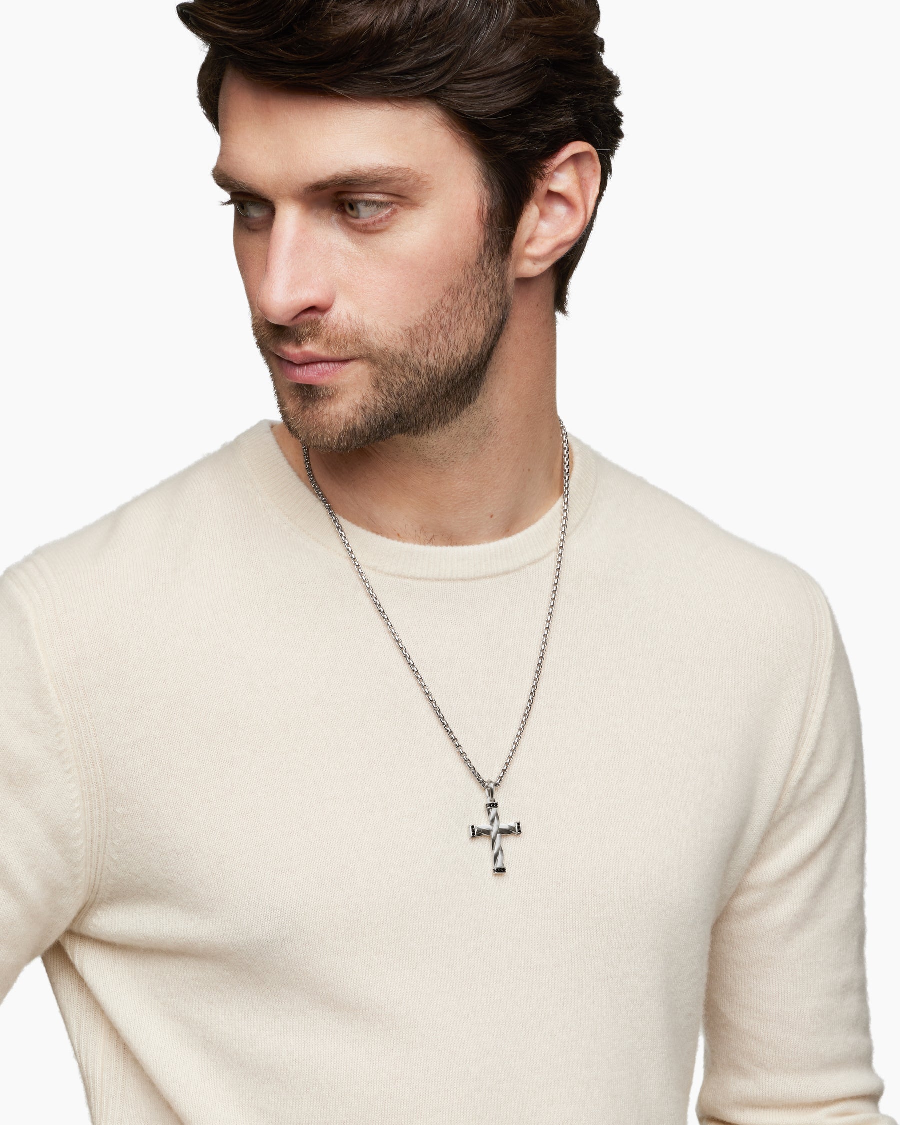 Alternative view of DY Helios Cross Pendant in Sterling Silver with Black Diamonds, 36mm