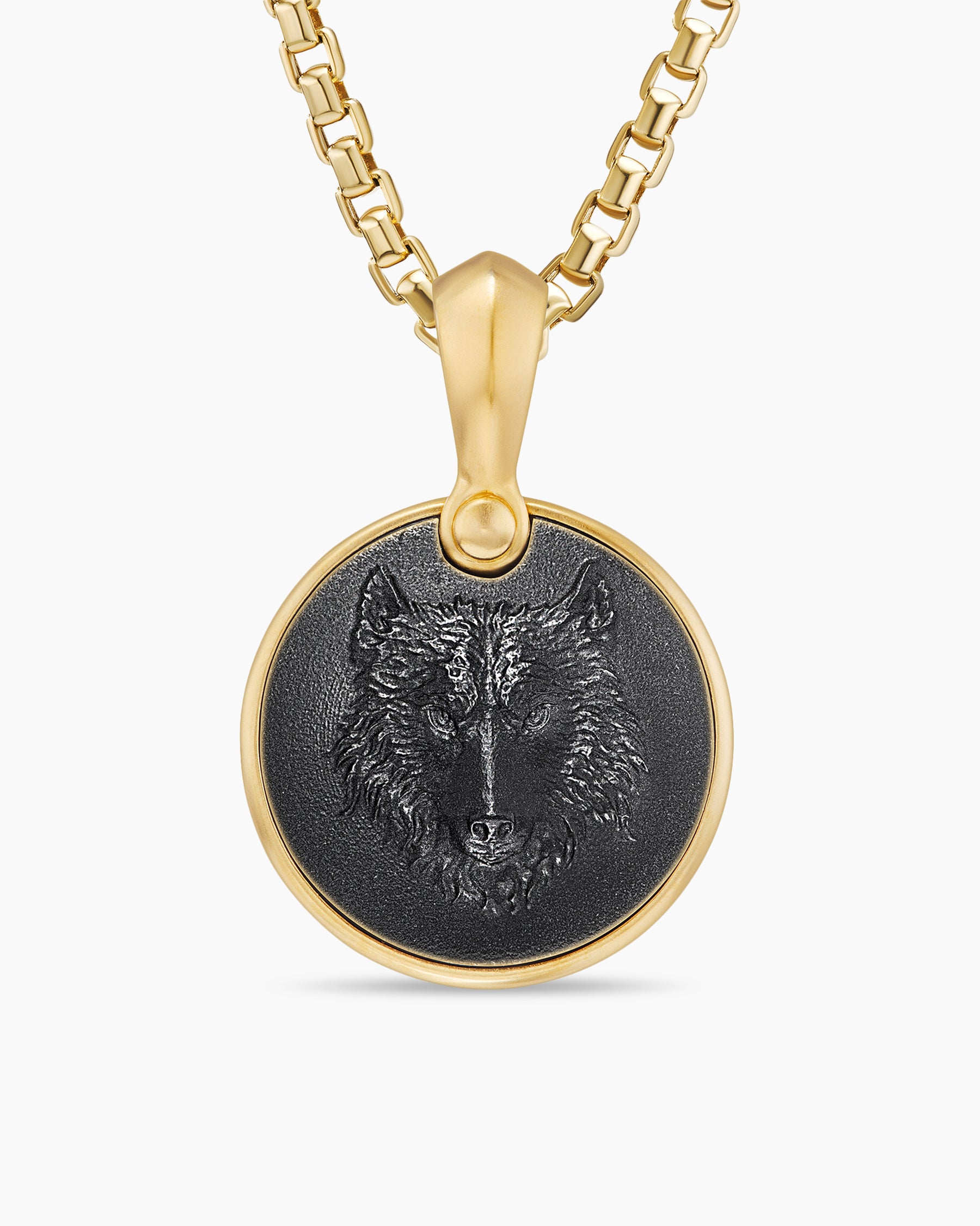 Petrvs Wolf Amulet in 18K Yellow Gold with Black Onyx, 21mm