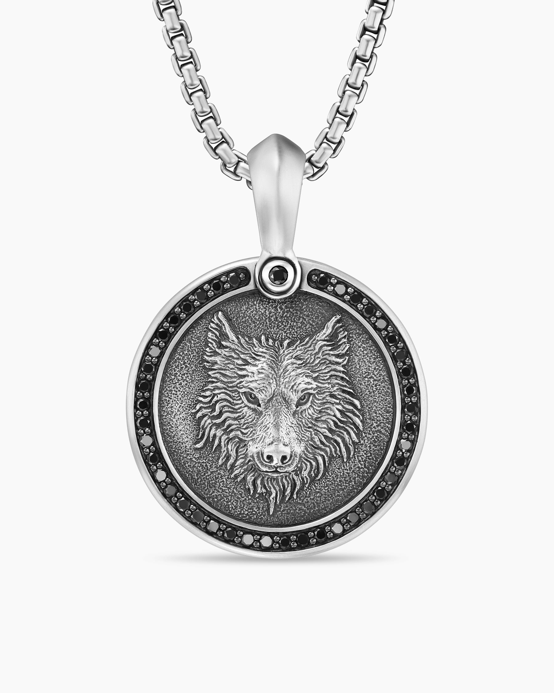Petrvs Wolf Amulet in Sterling Silver with Black Diamonds, 21mm