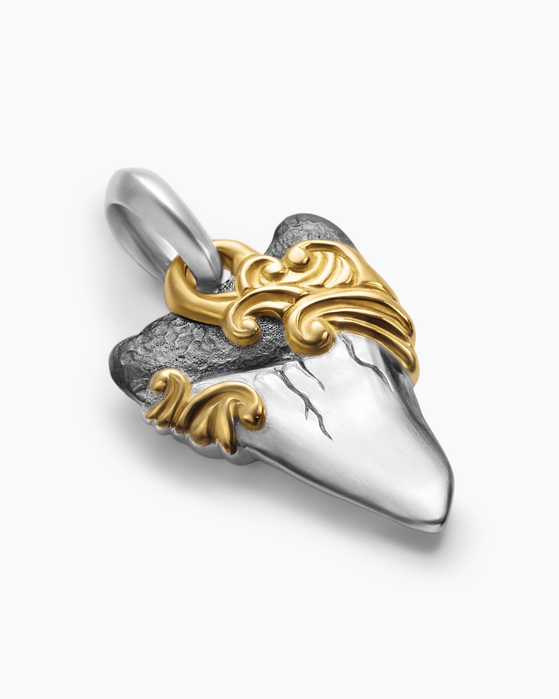 Waves Shark Tooth Amulet in Sterling Silver with 18K Yellow Gold, 25mm - Image 3