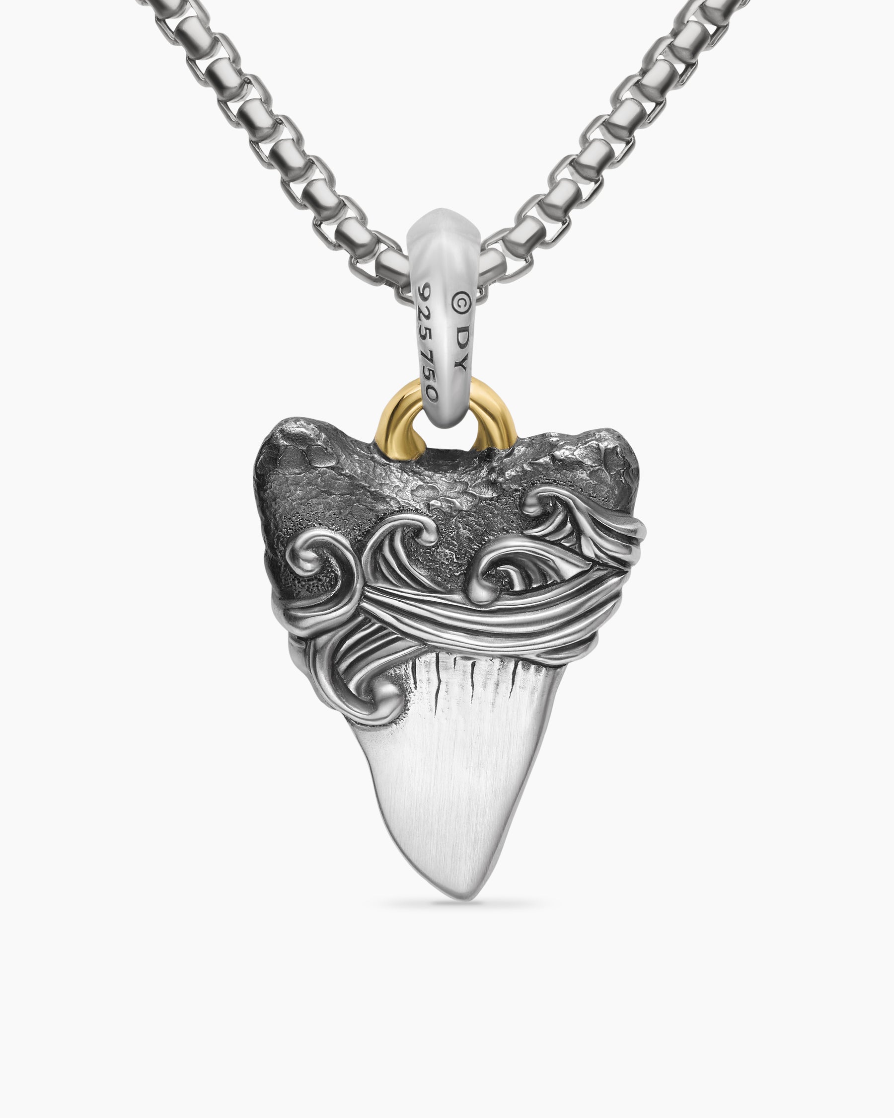 Waves Shark Tooth Amulet in Sterling Silver with 18K Yellow Gold, 25mm - Image 4