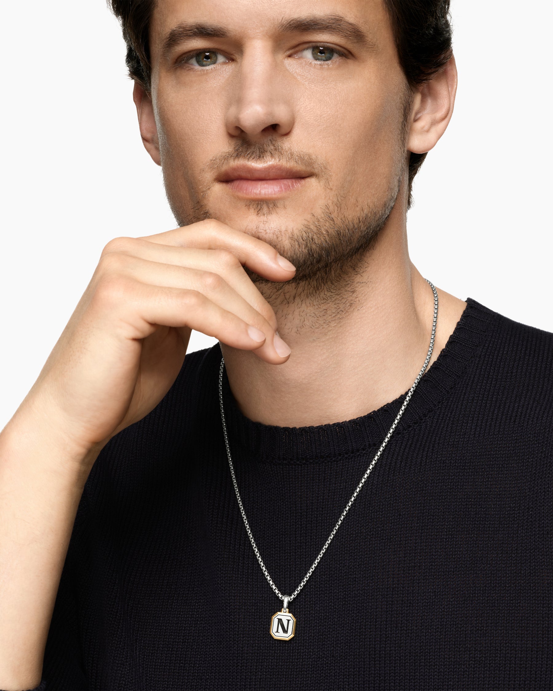 Alternative view of N Initial Amulet in Sterling Silver with 14K Yellow Gold, 17mm