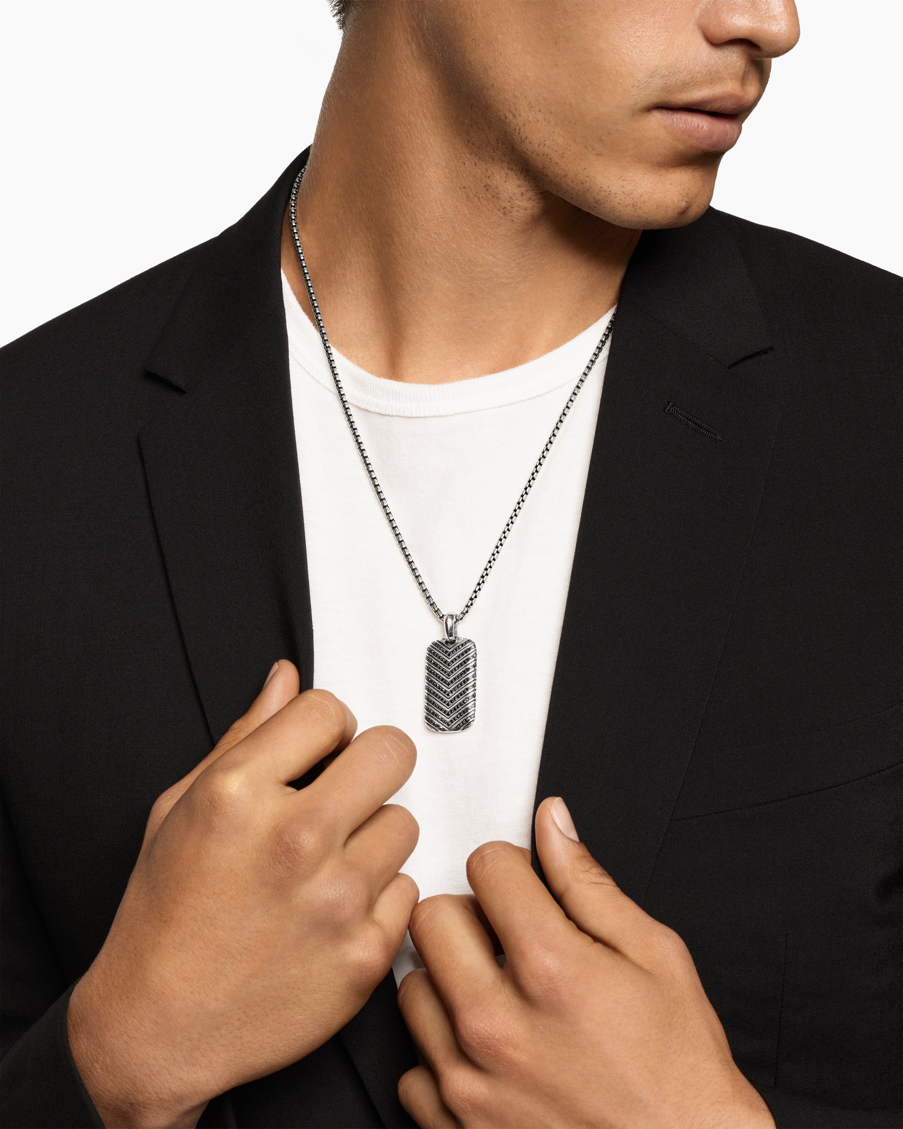Alternative view of Chevron Tag in Sterling Silver with Black Diamonds, 34mm