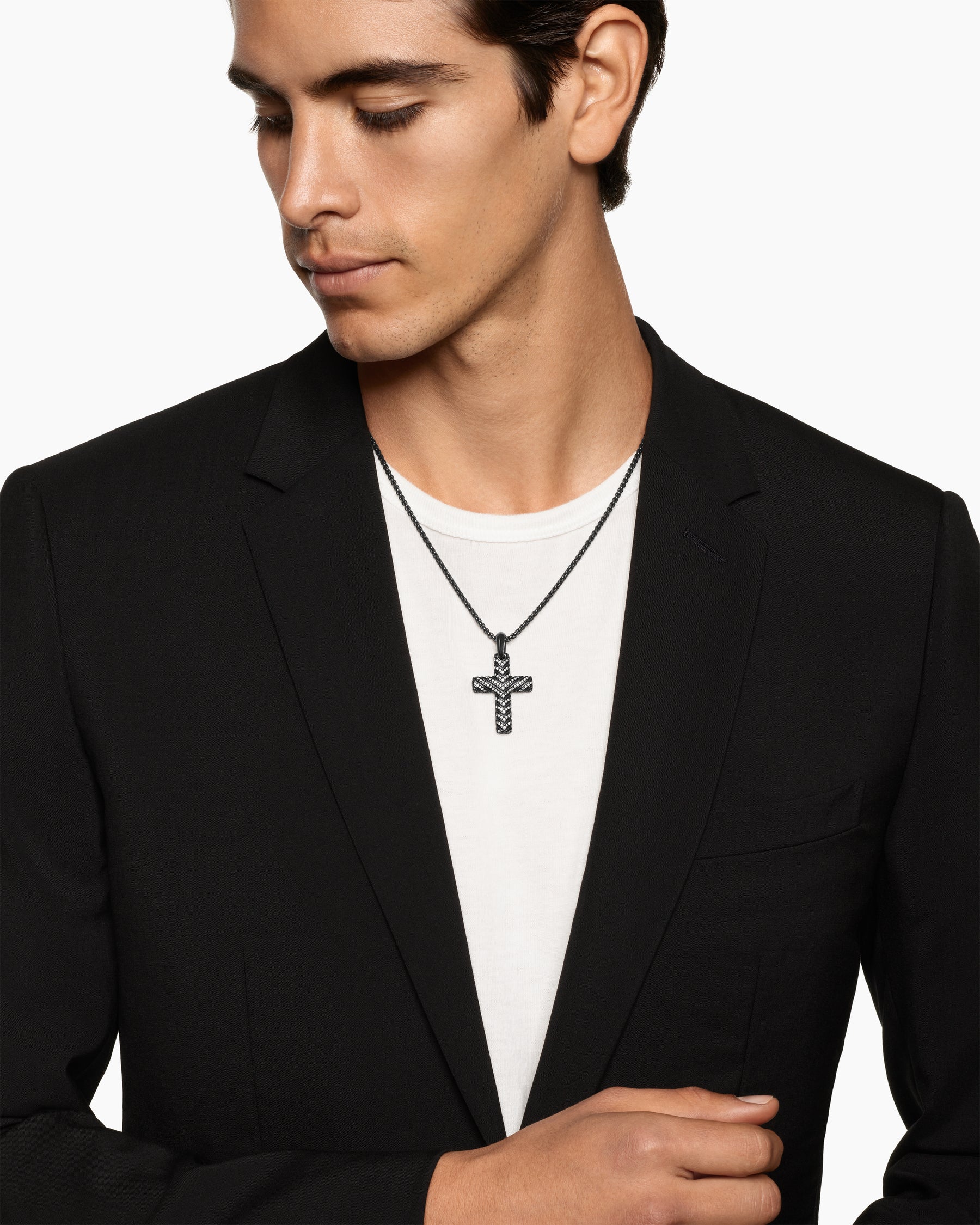 Alternative view of Chevron Cross Pendant in Black Titanium with Diamonds, 36mm