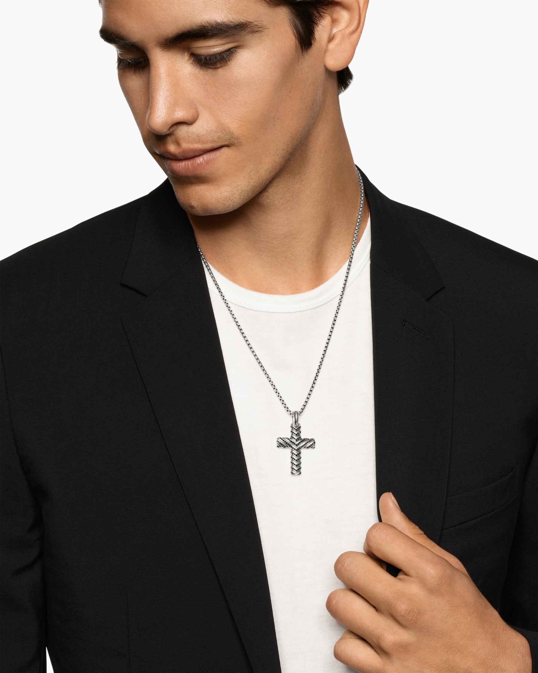 Alternative view of Chevron Cross Pendant in Sterling Silver with Black Diamonds, 36mm