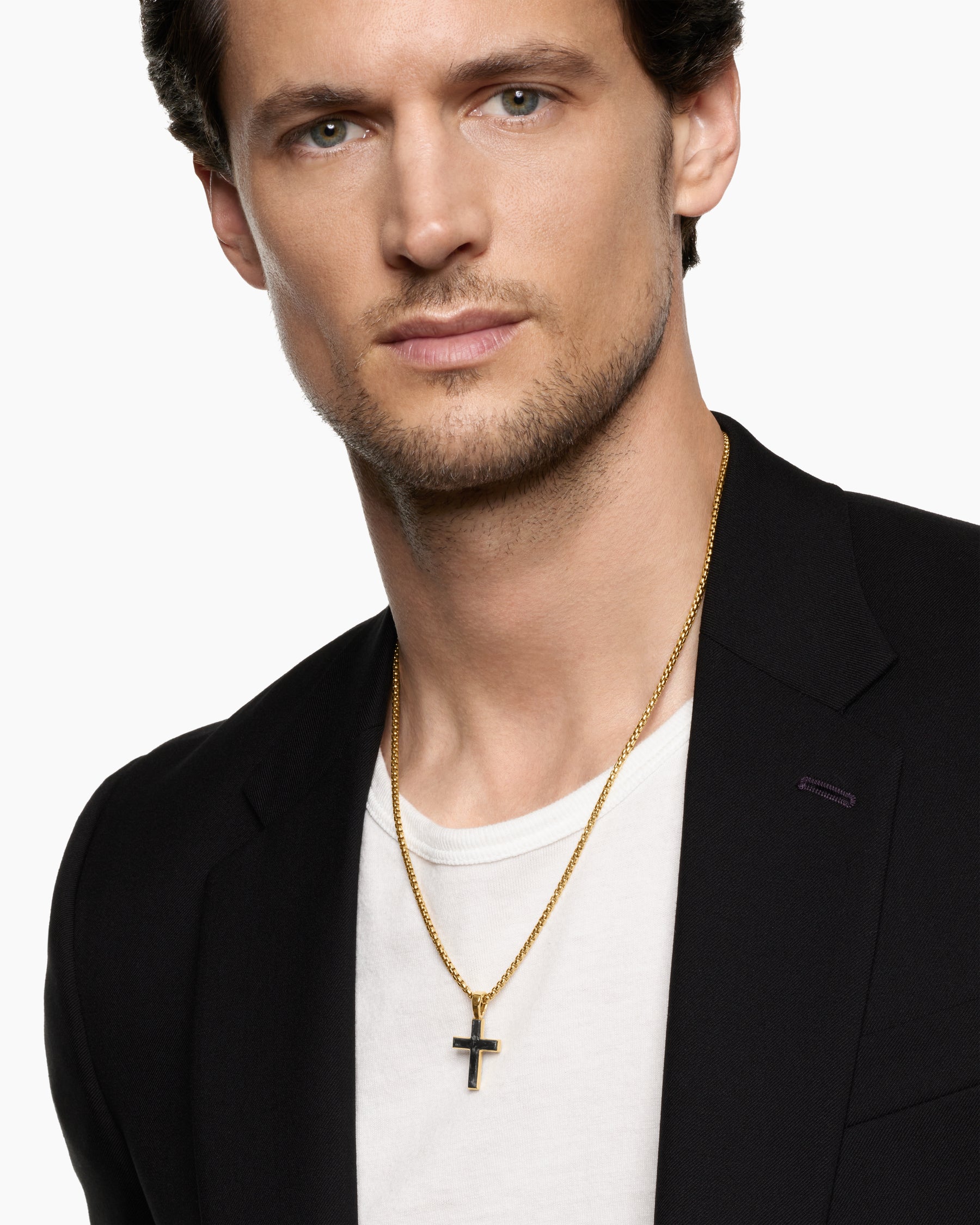 Alternative view of Cross Amulet in 18K Yellow Gold with Forged Carbon, 24mm