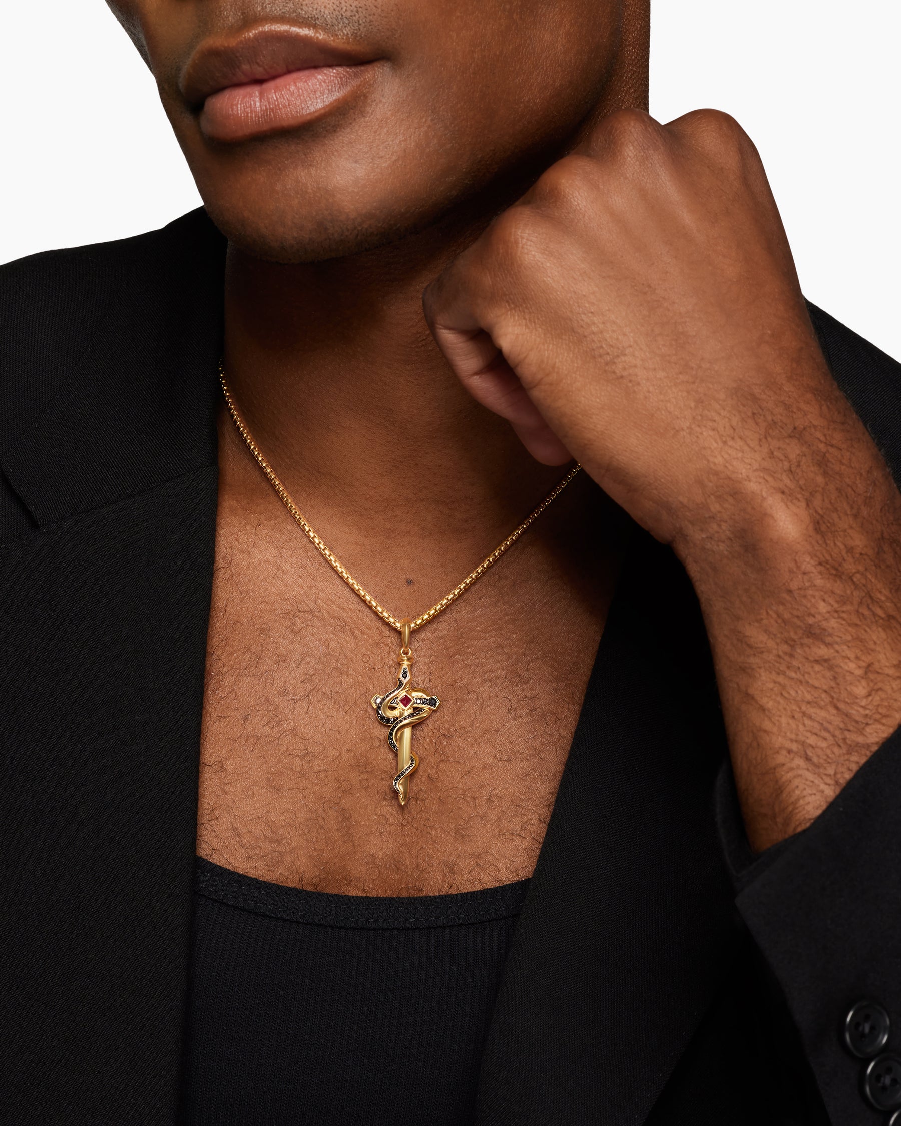 Alternative view of Ouroboros Snake Amulet in 18K Yellow Gold with Ruby and Black Diamonds, 48mm