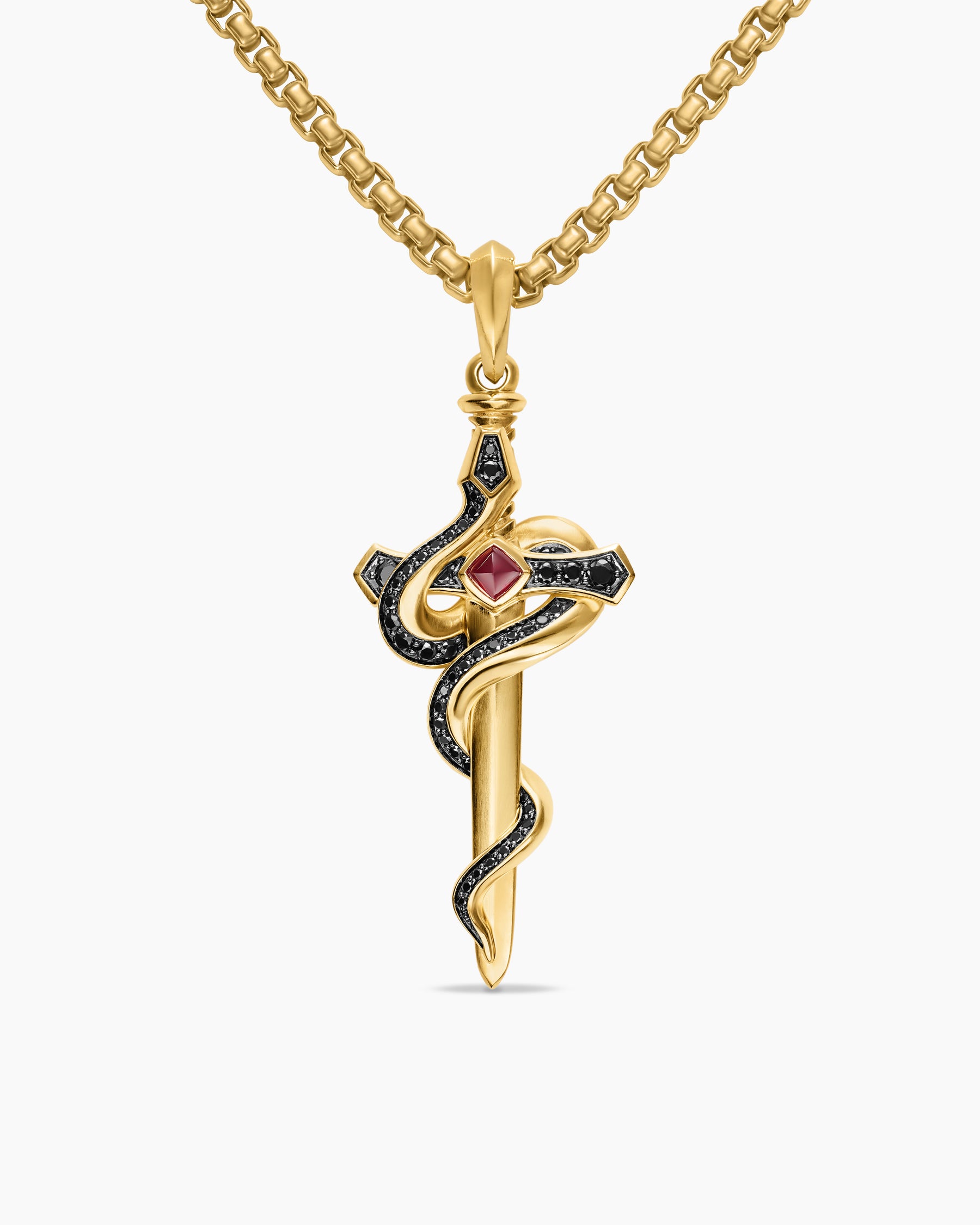 Ouroboros Snake Amulet in 18K Yellow Gold with Ruby and Black Diamonds, 48mm