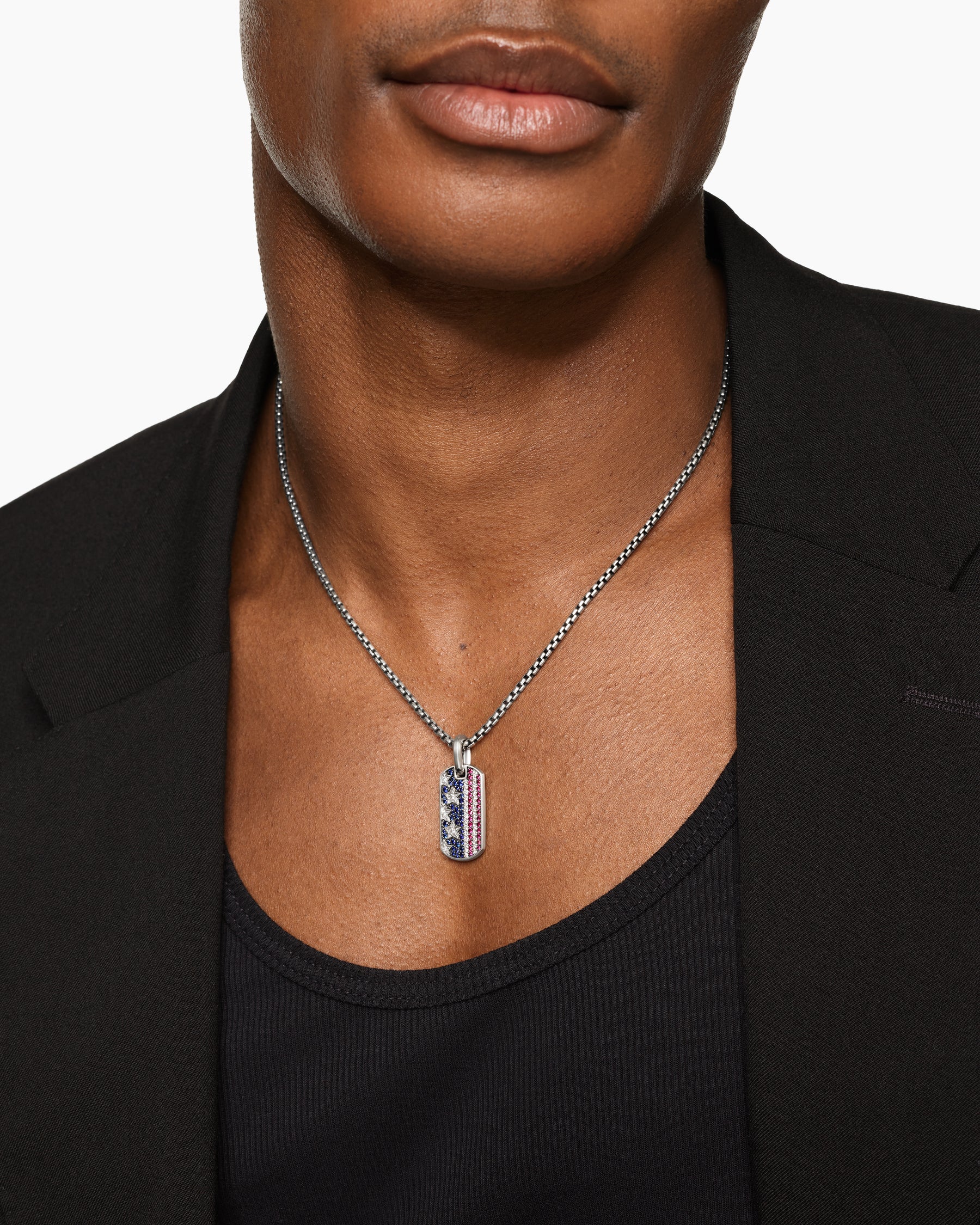 Alternative view of Chevron American Flag Tag in Sterling Silver with Sapphires, Diamonds, and Rubies, 27mm