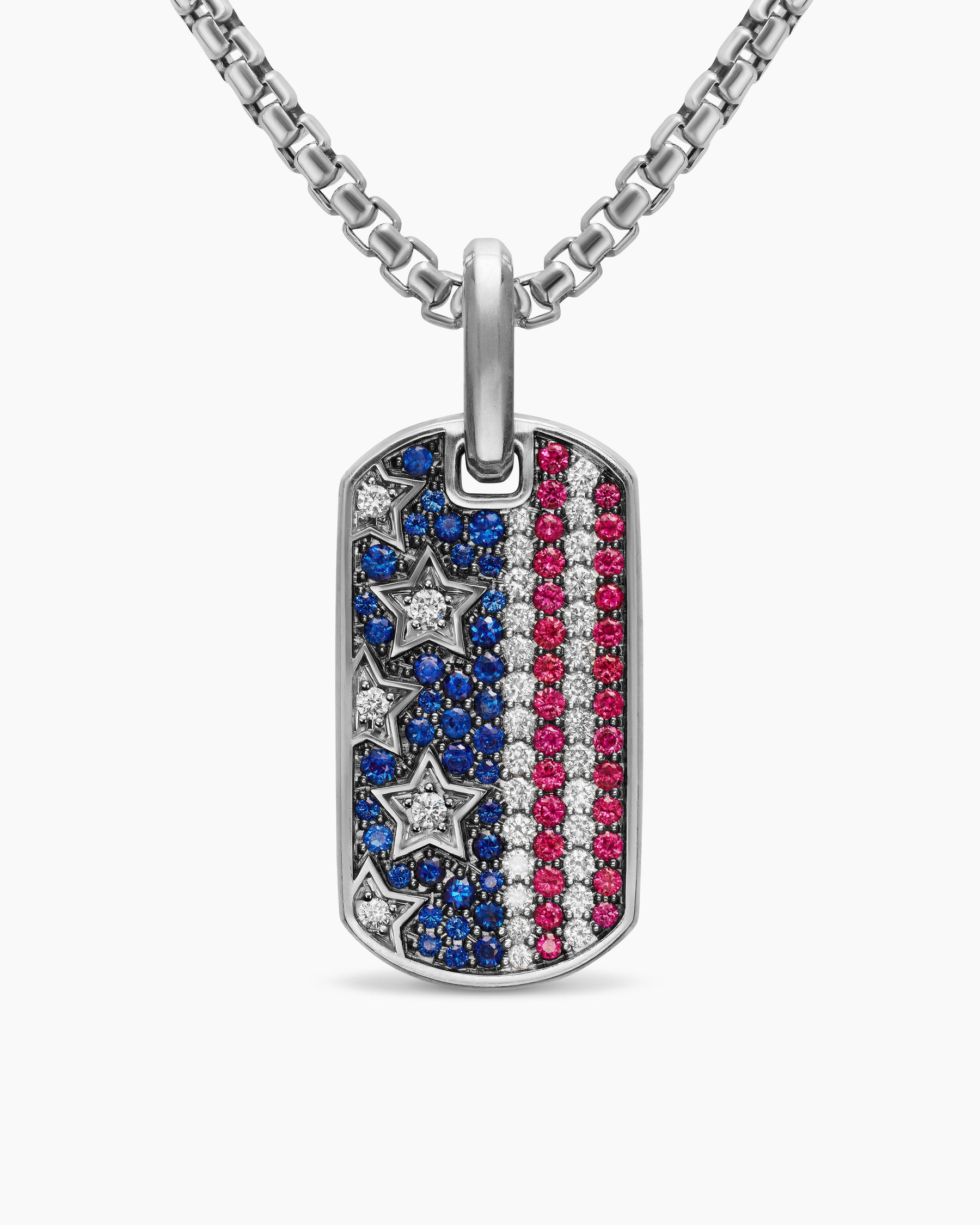 Chevron American Flag Tag in Sterling Silver with Sapphires, Diamonds, and Rubies, 27mm