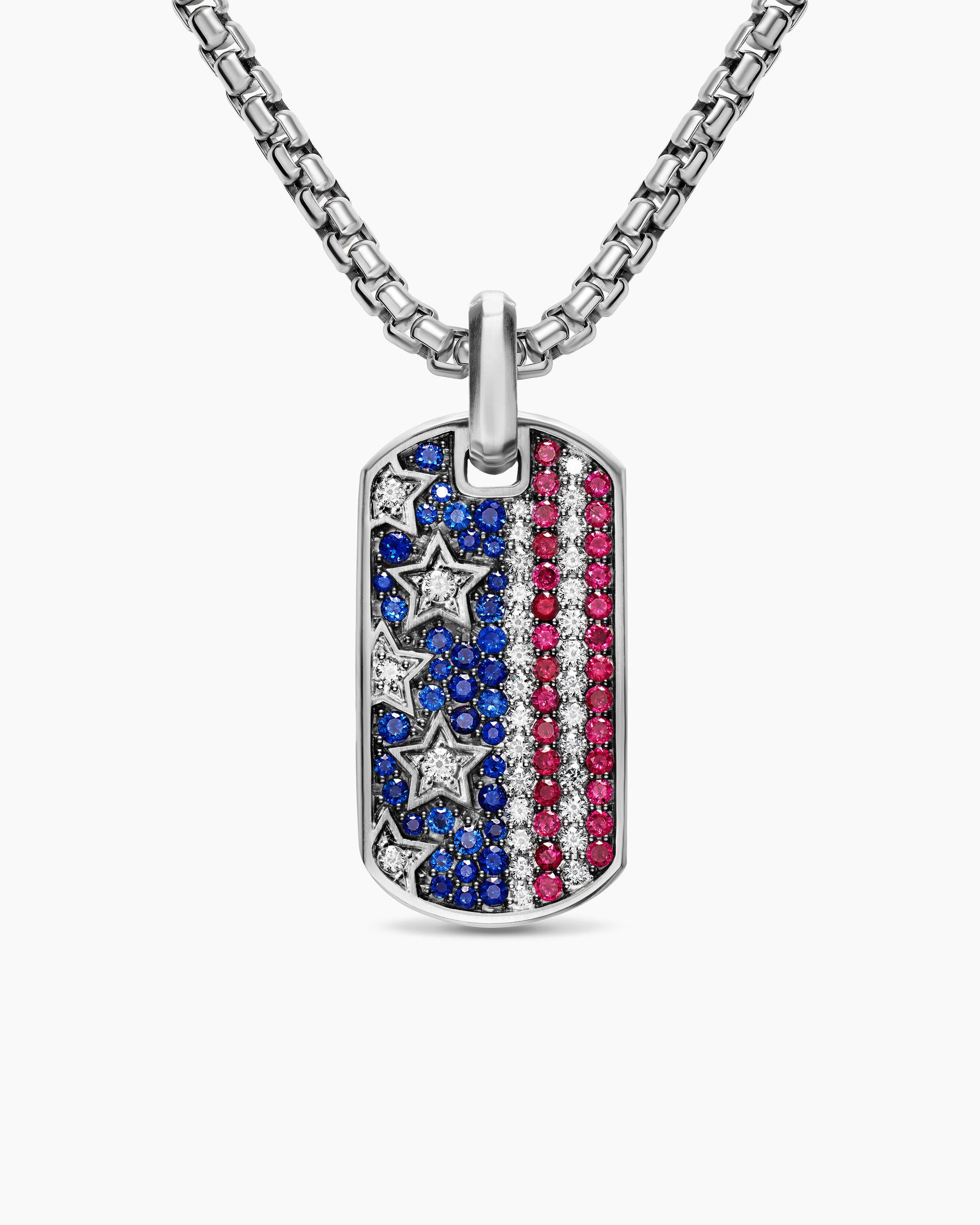 Chevron American Flag Tag in Sterling Silver with Sapphires, Diamonds, and Rubies, 35mm
