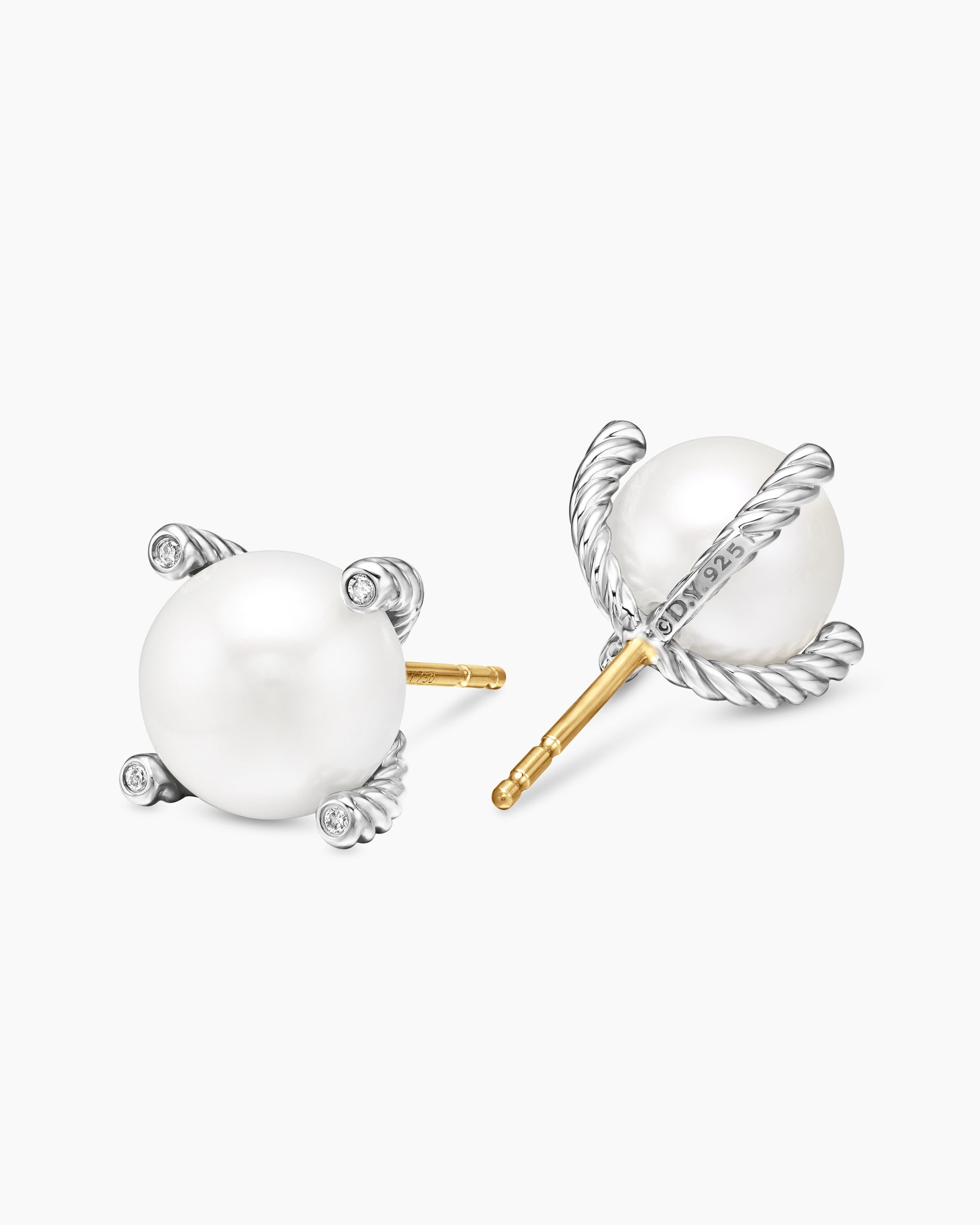 Pearl Stud Earrings in Sterling Silver with Pearls and Diamonds, 14mm - Image 3
