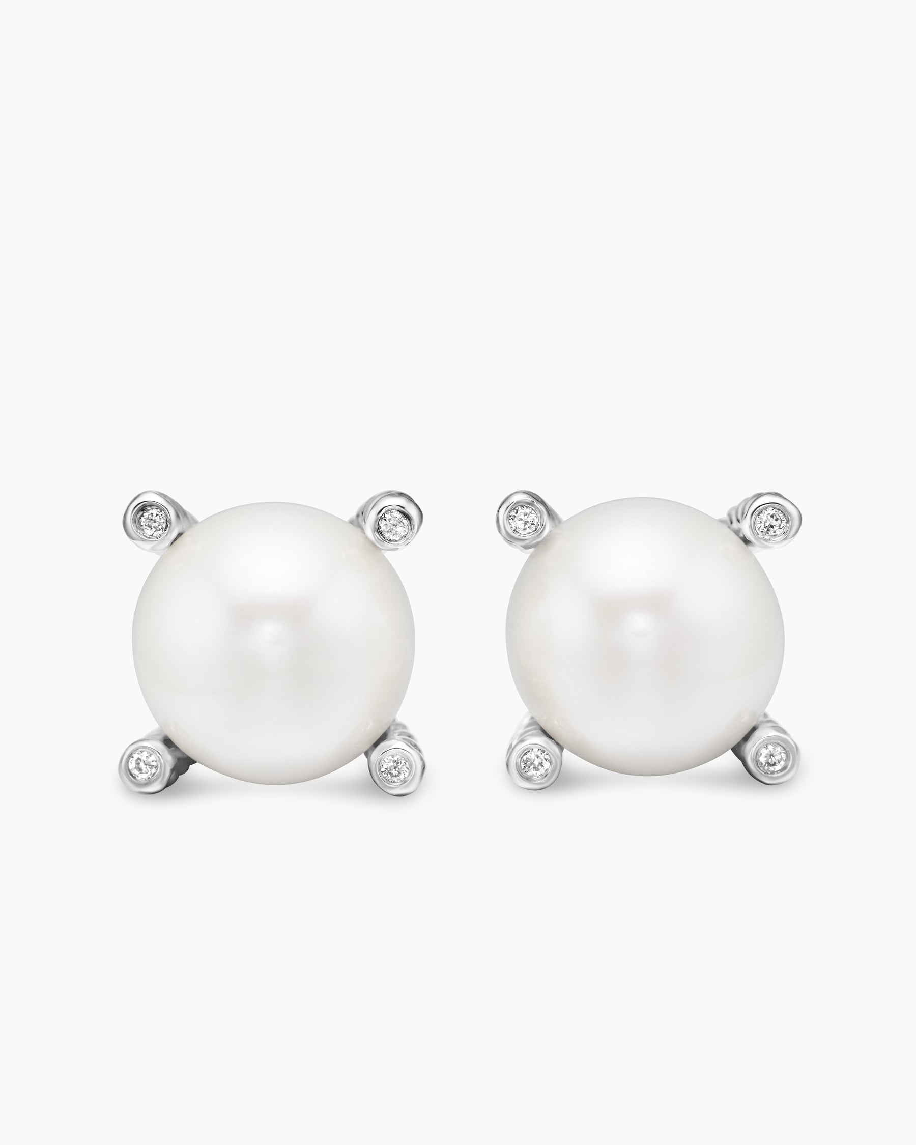 Pearl Stud Earrings in Sterling Silver with Pearls and Diamonds, 14mm
