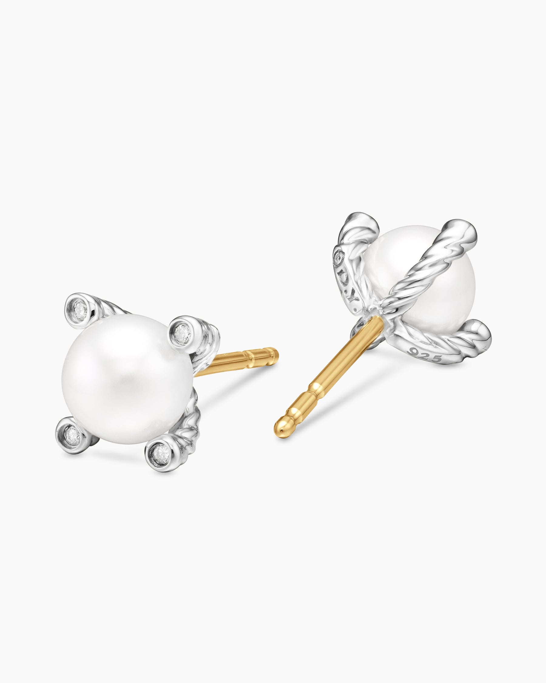 Pearl Stud Earrings in Sterling Silver with Pearls and Diamonds, 7.4mm - Image 3