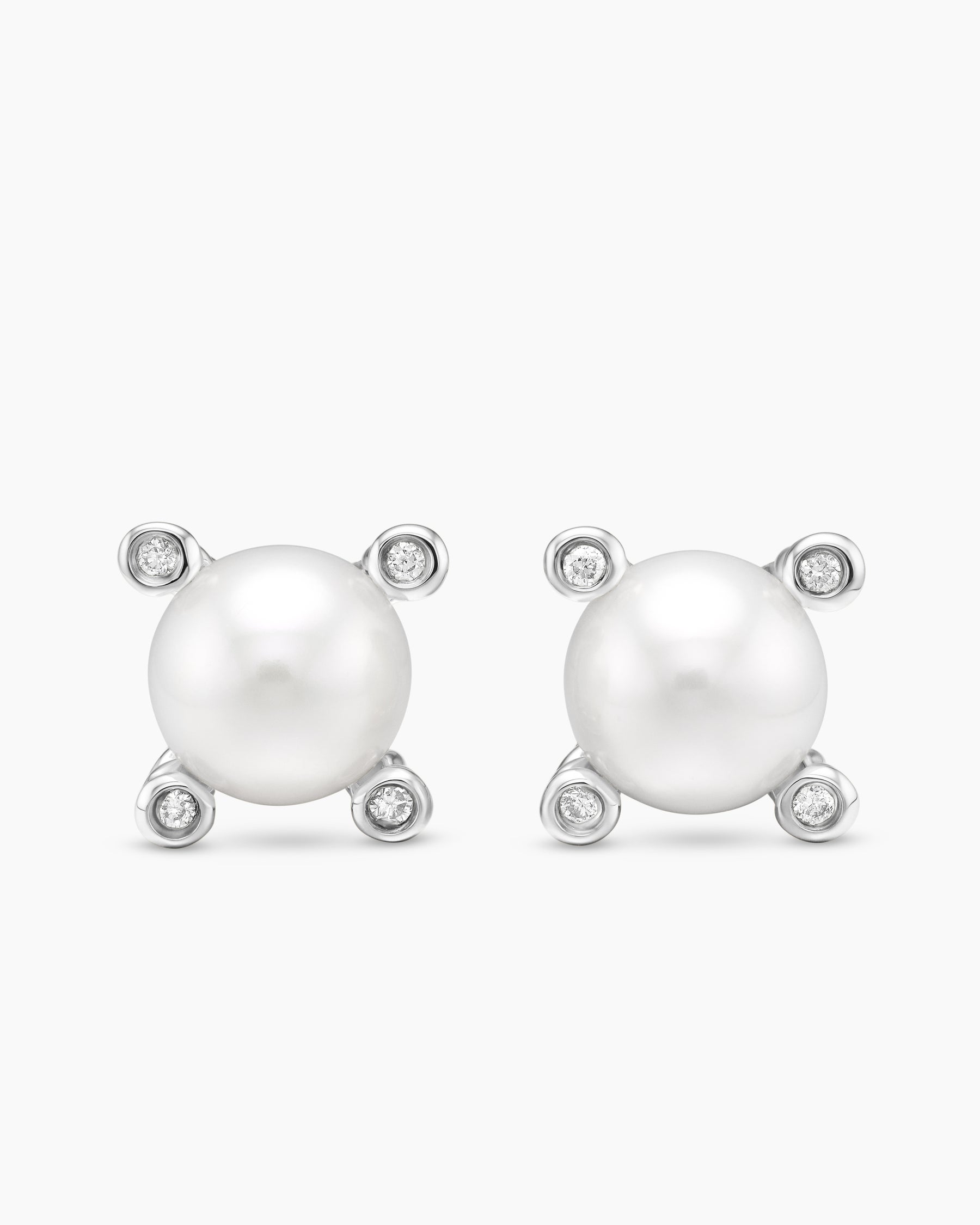Pearl Stud Earrings in Sterling Silver with Pearls and Diamonds, 7.4mm