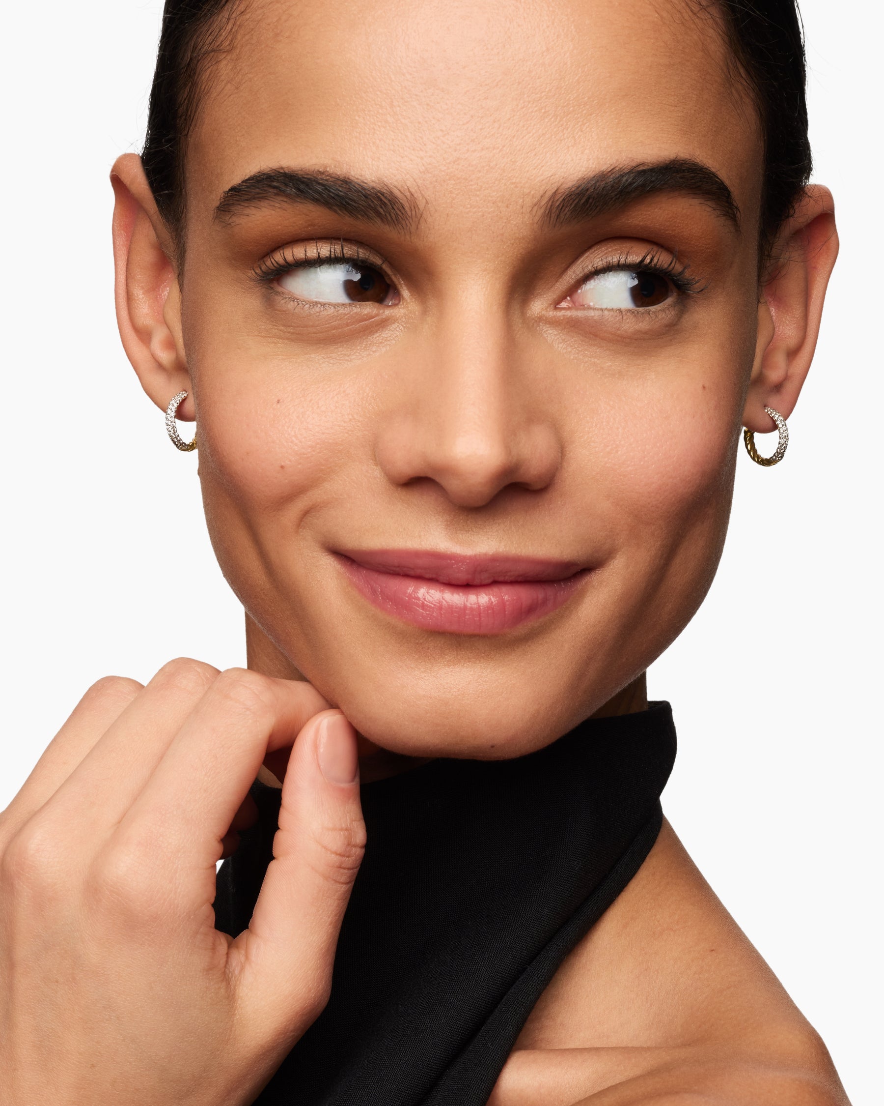 Alternative view of Petite Pavé Huggie Hoop Earrings in 18K Yellow Gold with Diamonds, 14mm