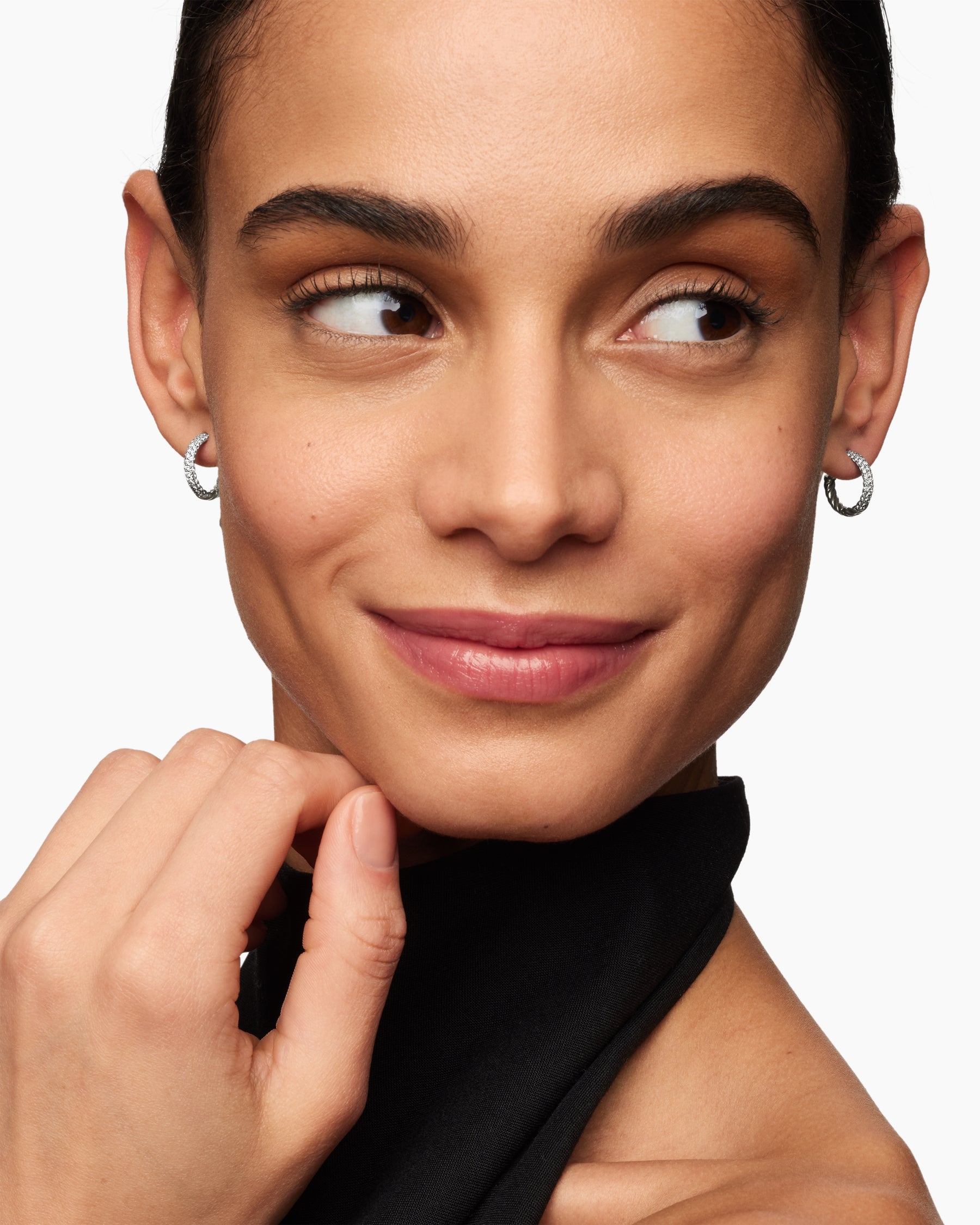 Alternative view of Petite Pavé Huggie Hoop Earrings in Sterling Silver with Diamonds, 14mm