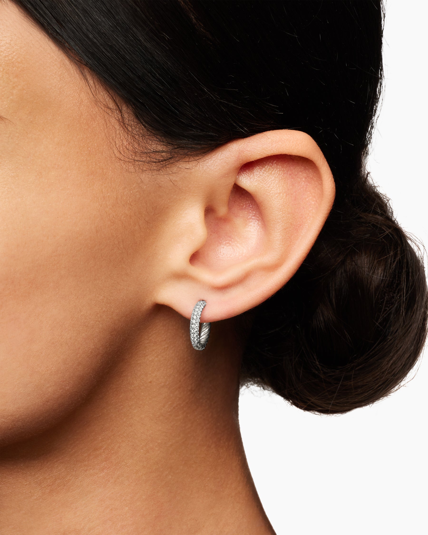 Petite Pavé Huggie Hoop Earrings in Sterling Silver with Diamonds, 14mm - Image 6