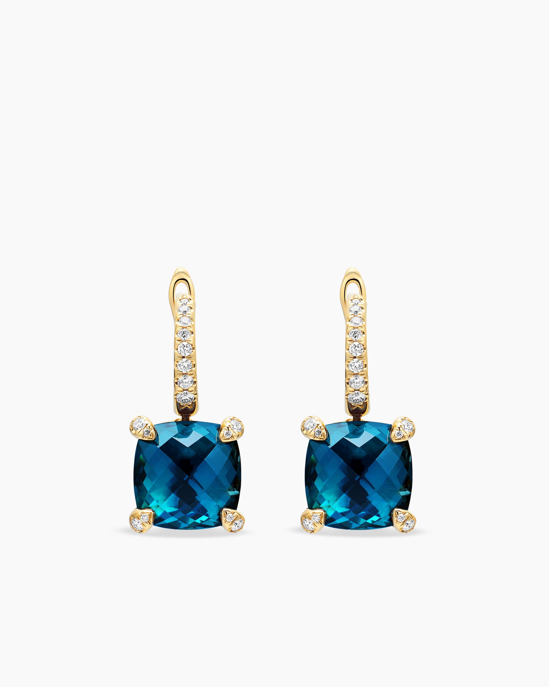 Chatelaine Drop Earrings in 18K Yellow Gold with Hampton Blue Topaz and Diamonds, 11mm