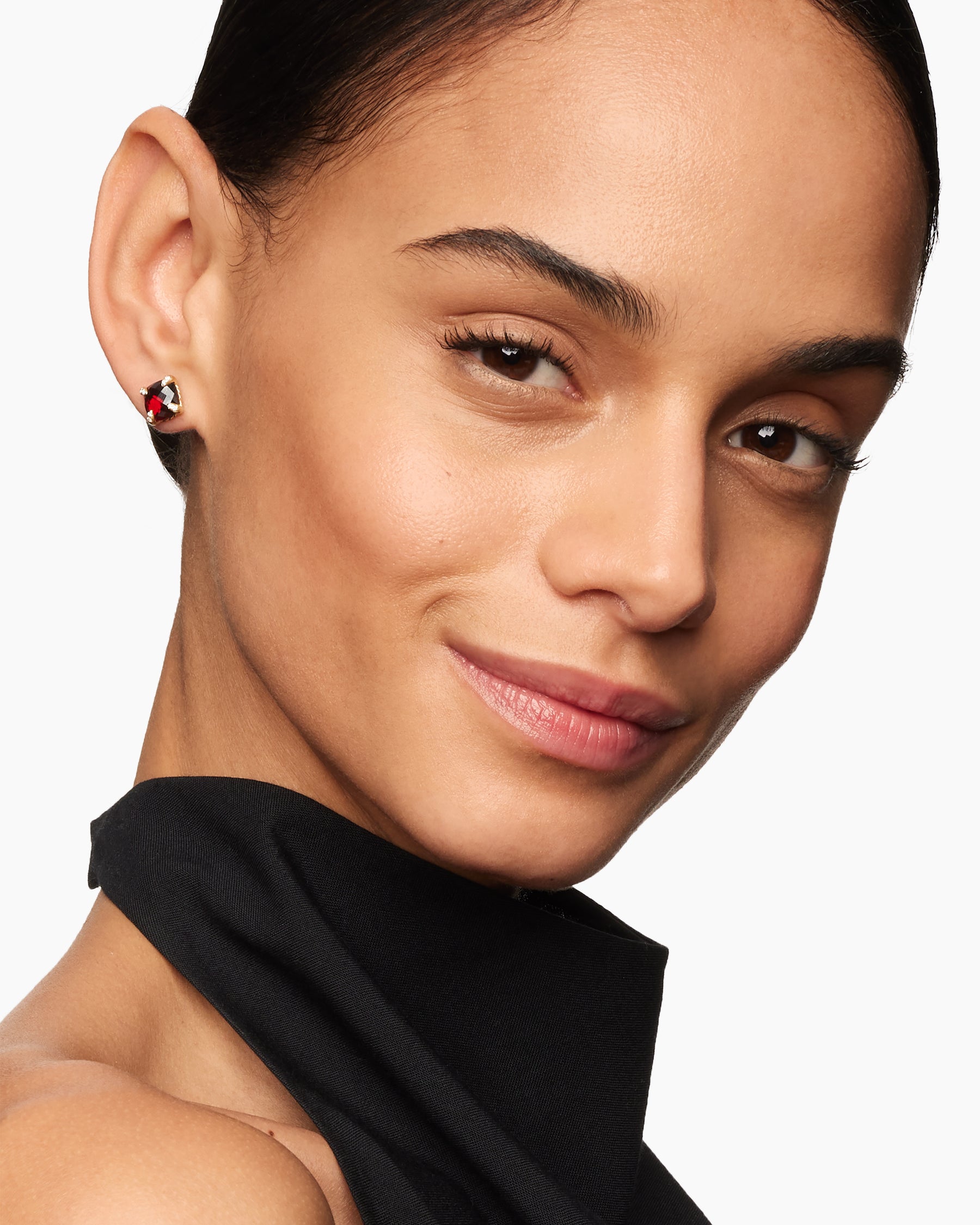 Alternative view of Chatelaine Stud Earrings in 18K Yellow Gold with Garnet and Diamonds, 8mm