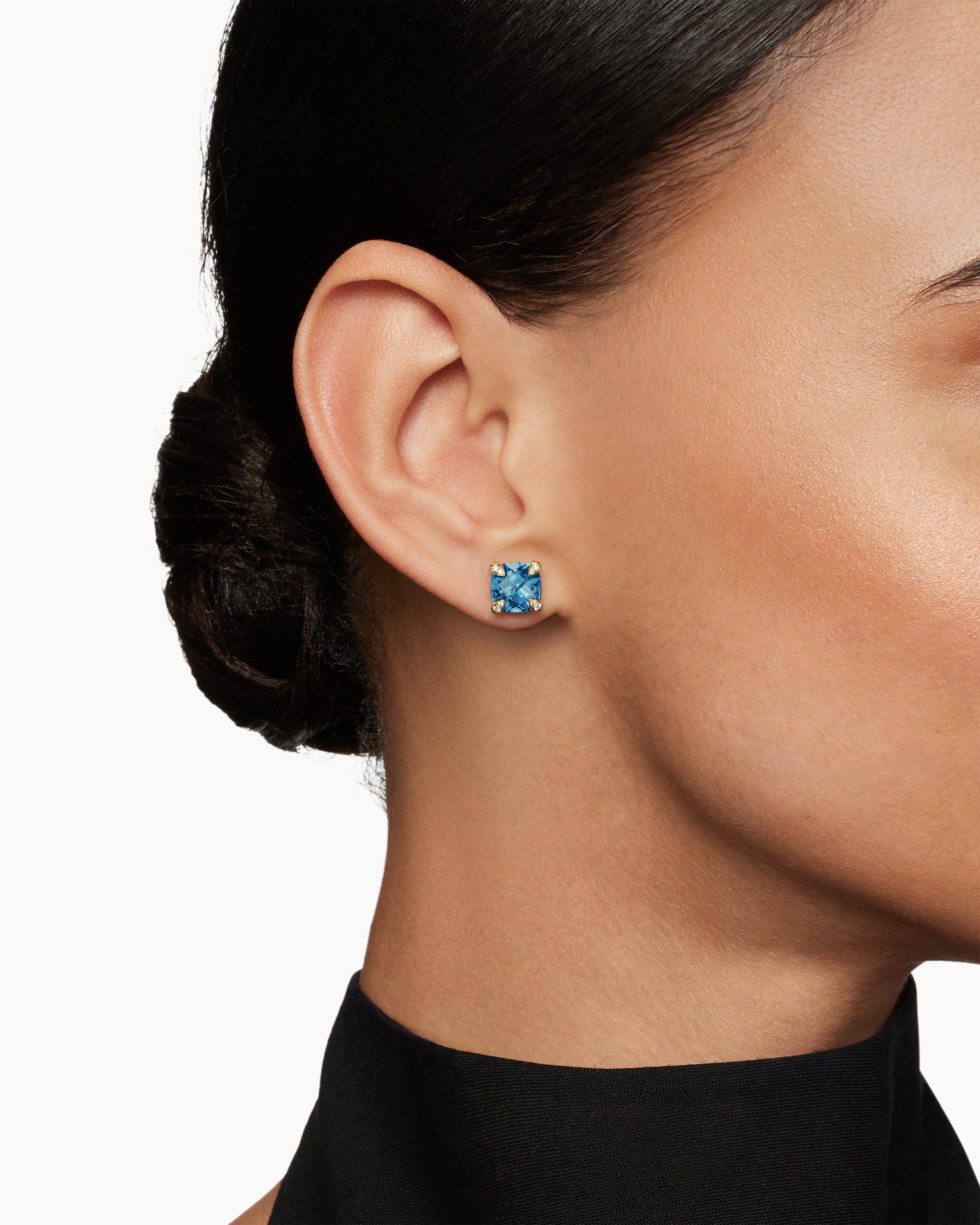 Alternative view of Chatelaine Stud Earrings in 18K Yellow Gold with Hampton Blue Topaz and Diamonds, 8mm