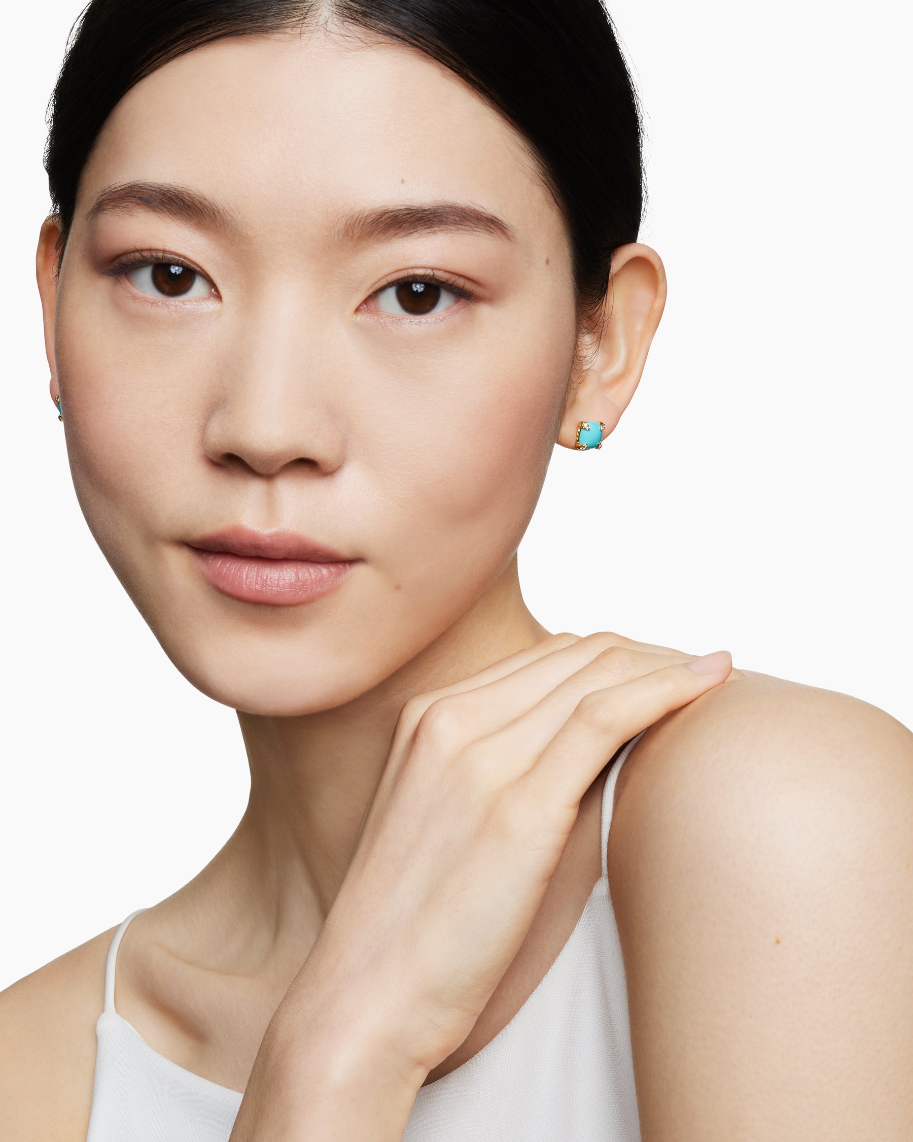 Alternative view of Chatelaine Stud Earrings in 18K Yellow Gold with Turquoise and Diamonds, 8mm