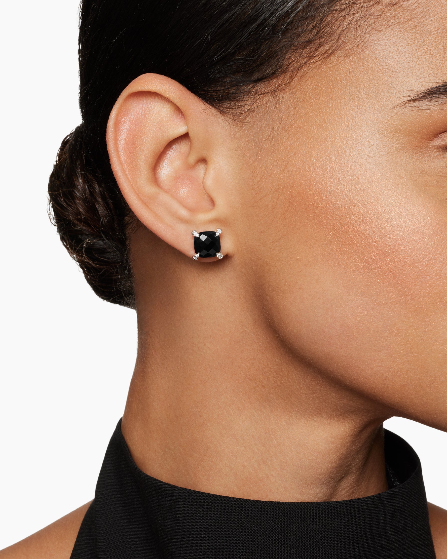 Chatelaine Stud Earrings in Sterling Silver with Black Onyx and Diamonds, 9mm - Image 6