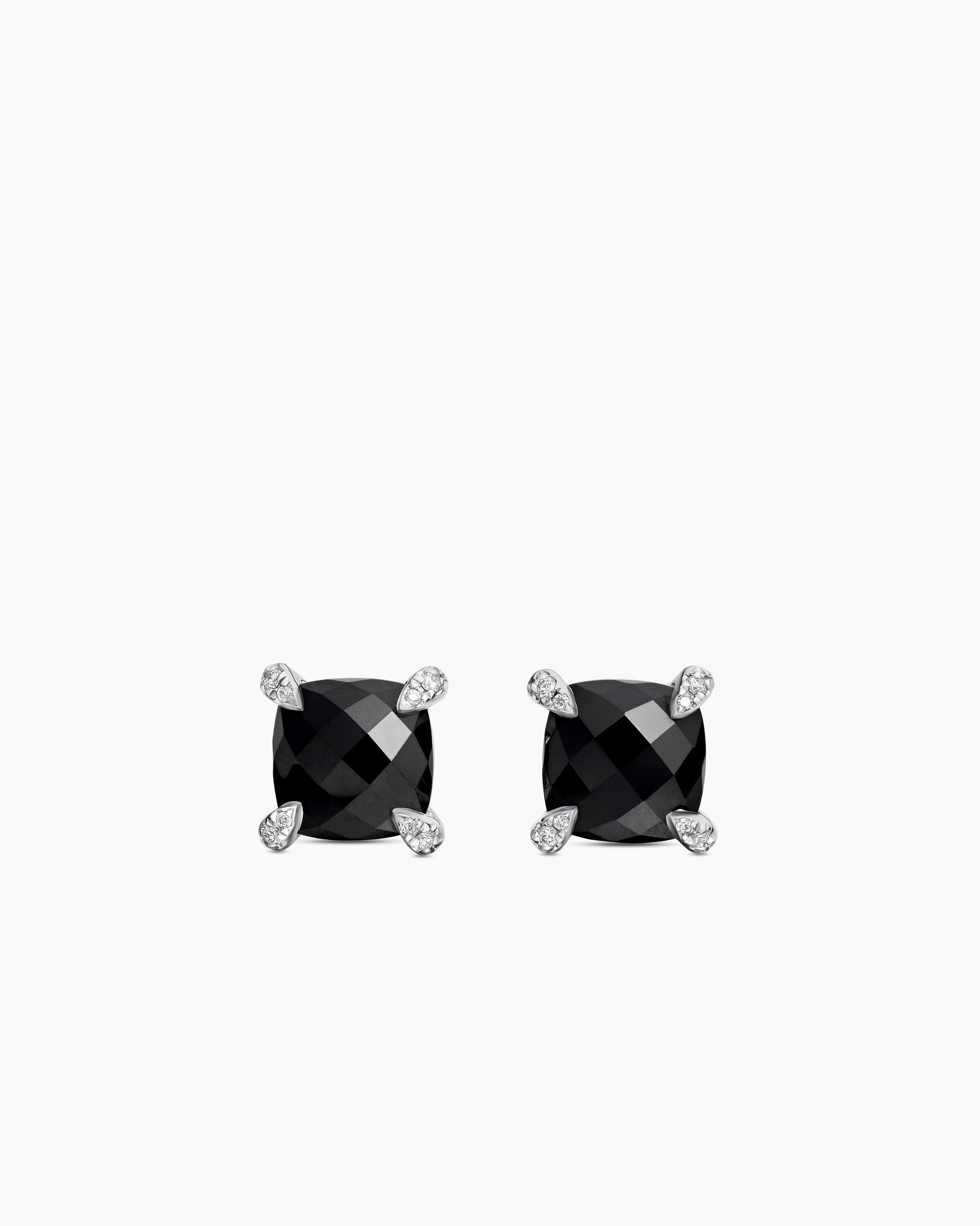 Chatelaine Stud Earrings in Sterling Silver with Black Onyx and Diamonds, 9mm