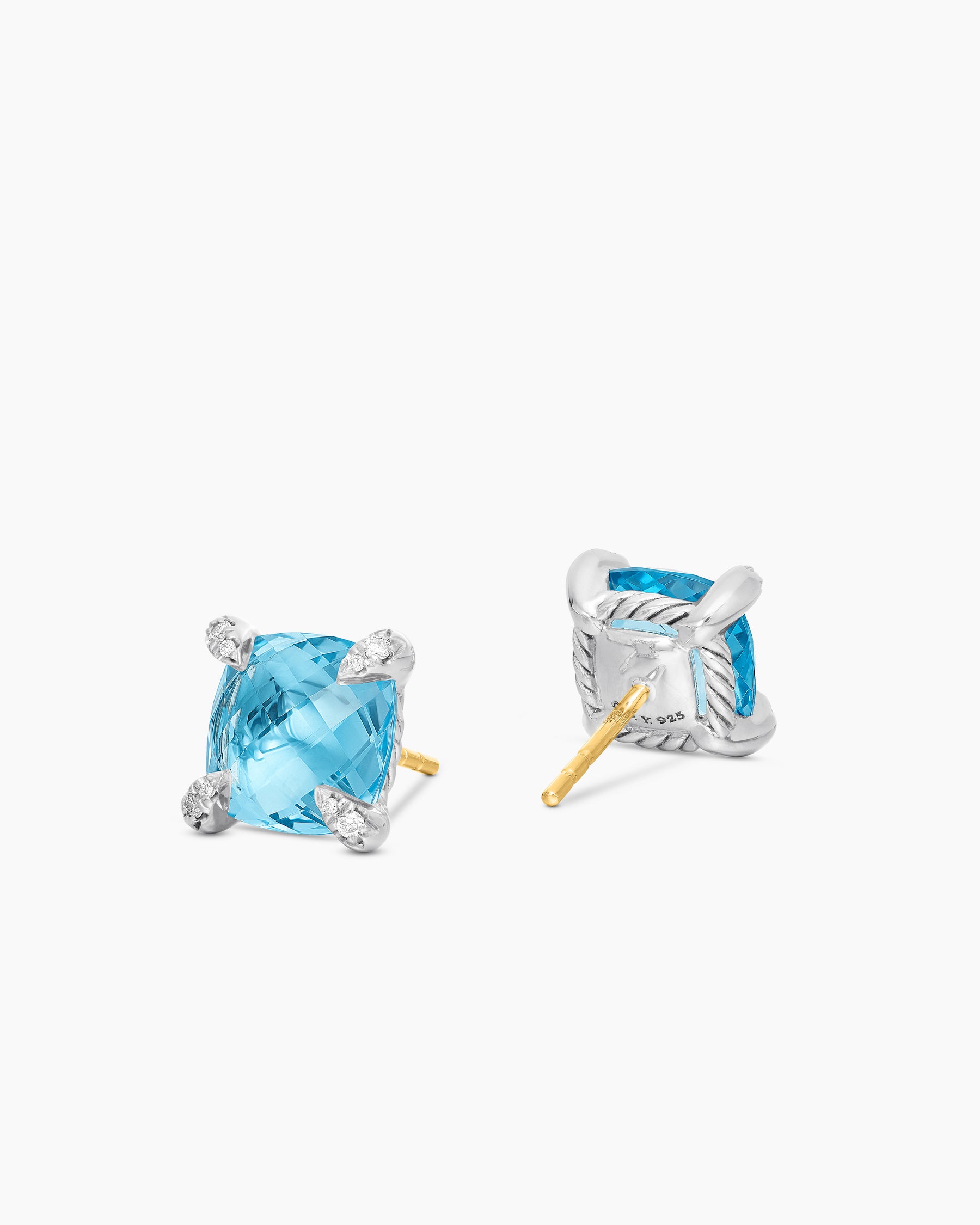 Chatelaine Stud Earrings in Sterling Silver with Blue Topaz and Diamonds, 9mm - Image 3