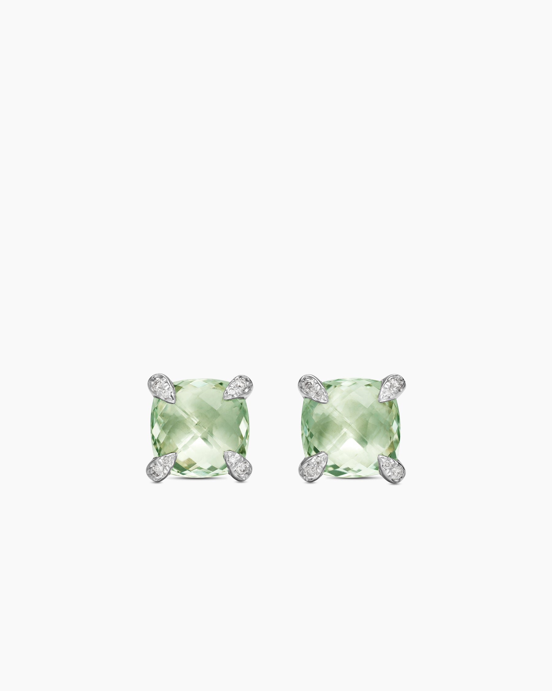 Chatelaine Stud Earrings in Sterling Silver with Prasiolite and Diamonds, 9mm