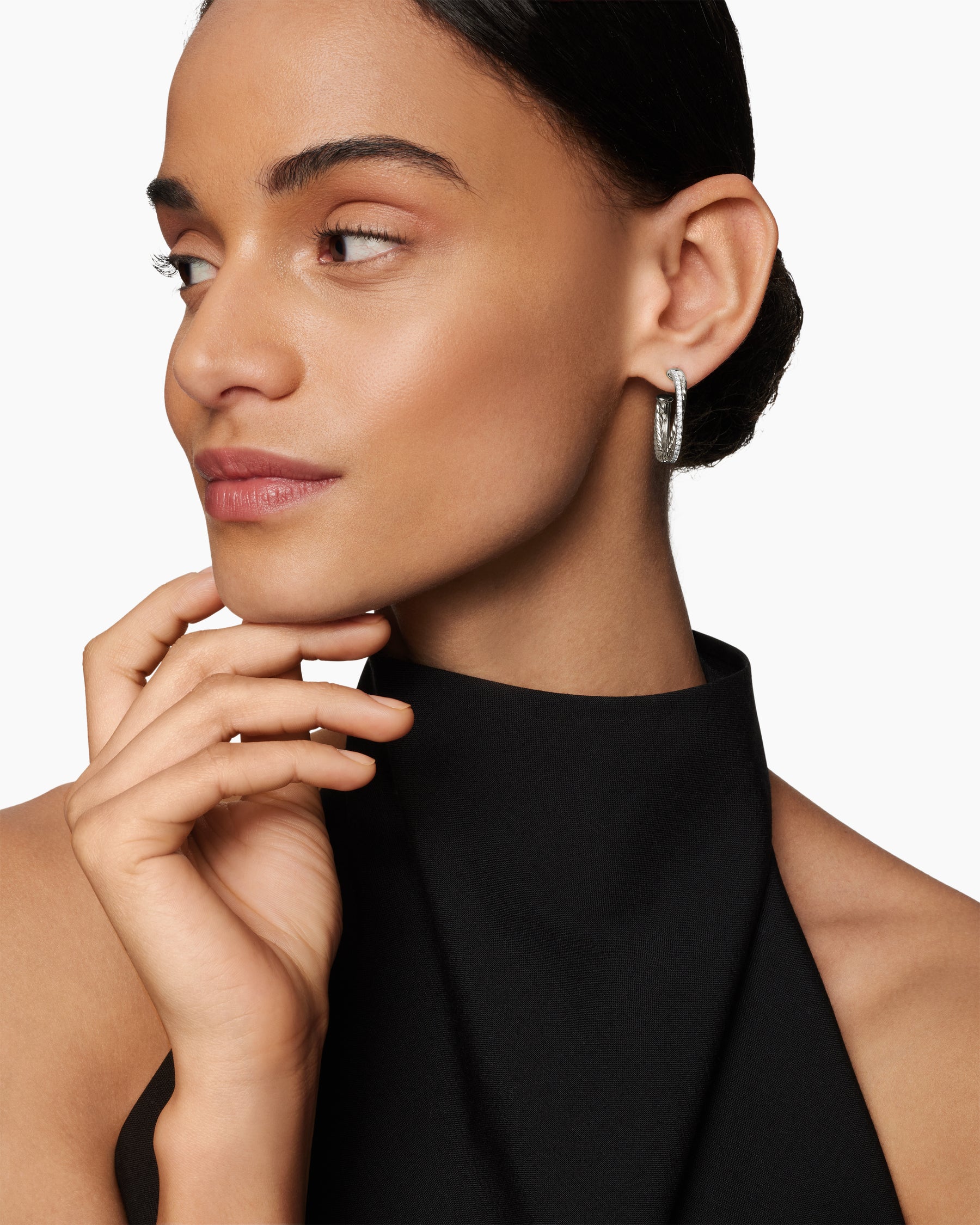 Alternative view of Crossover Hoop Earrings in Sterling Silver with Diamonds, 26.5mm