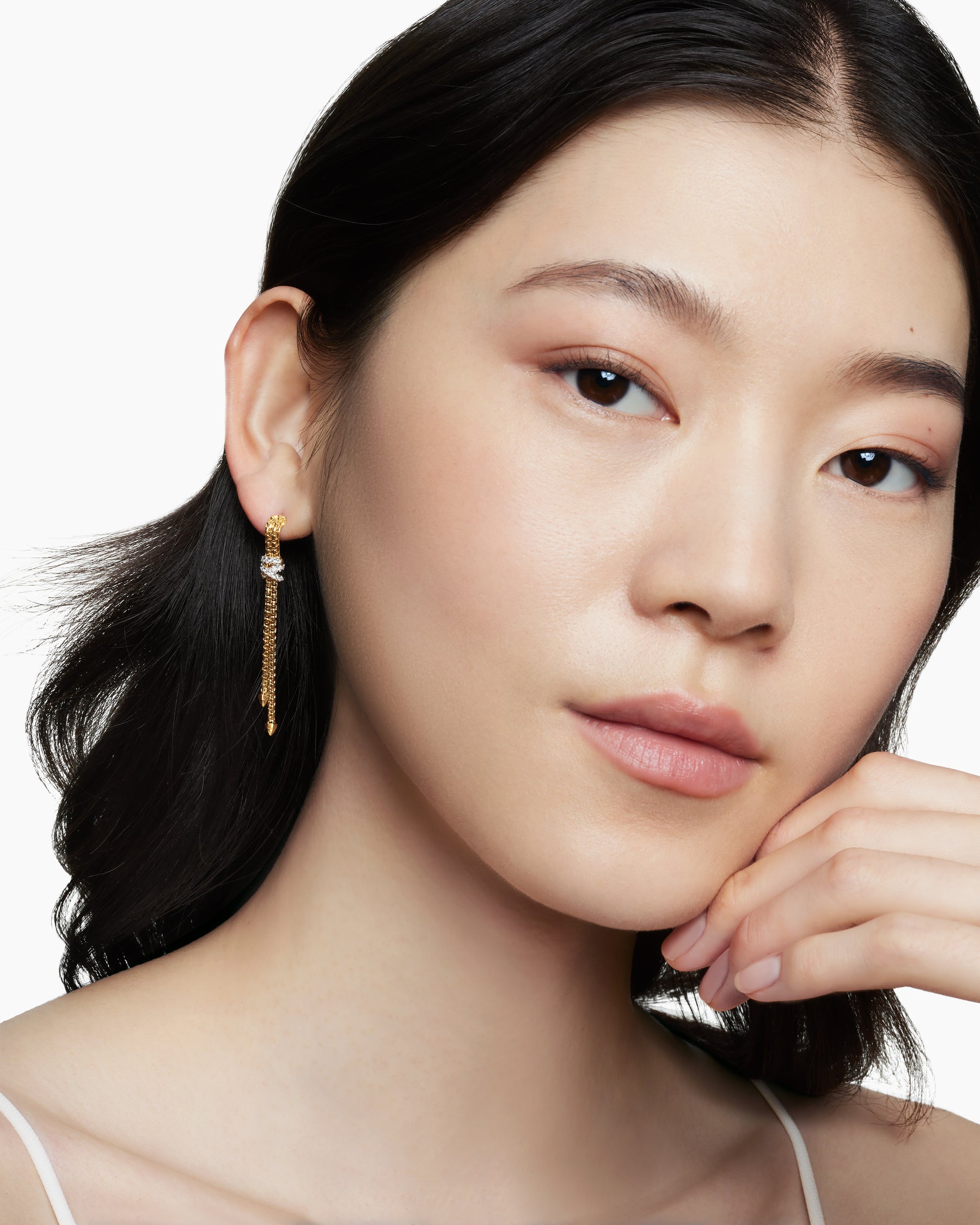 Alternative view of Helena Box Chain Drop Earrings in 18K Yellow Gold with Diamonds, 52.8mm