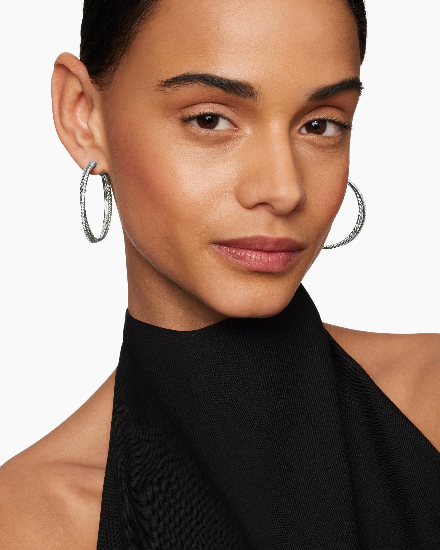 Alternative view of Crossover Hoop Earrings in Sterling Silver with Diamonds, 44mm