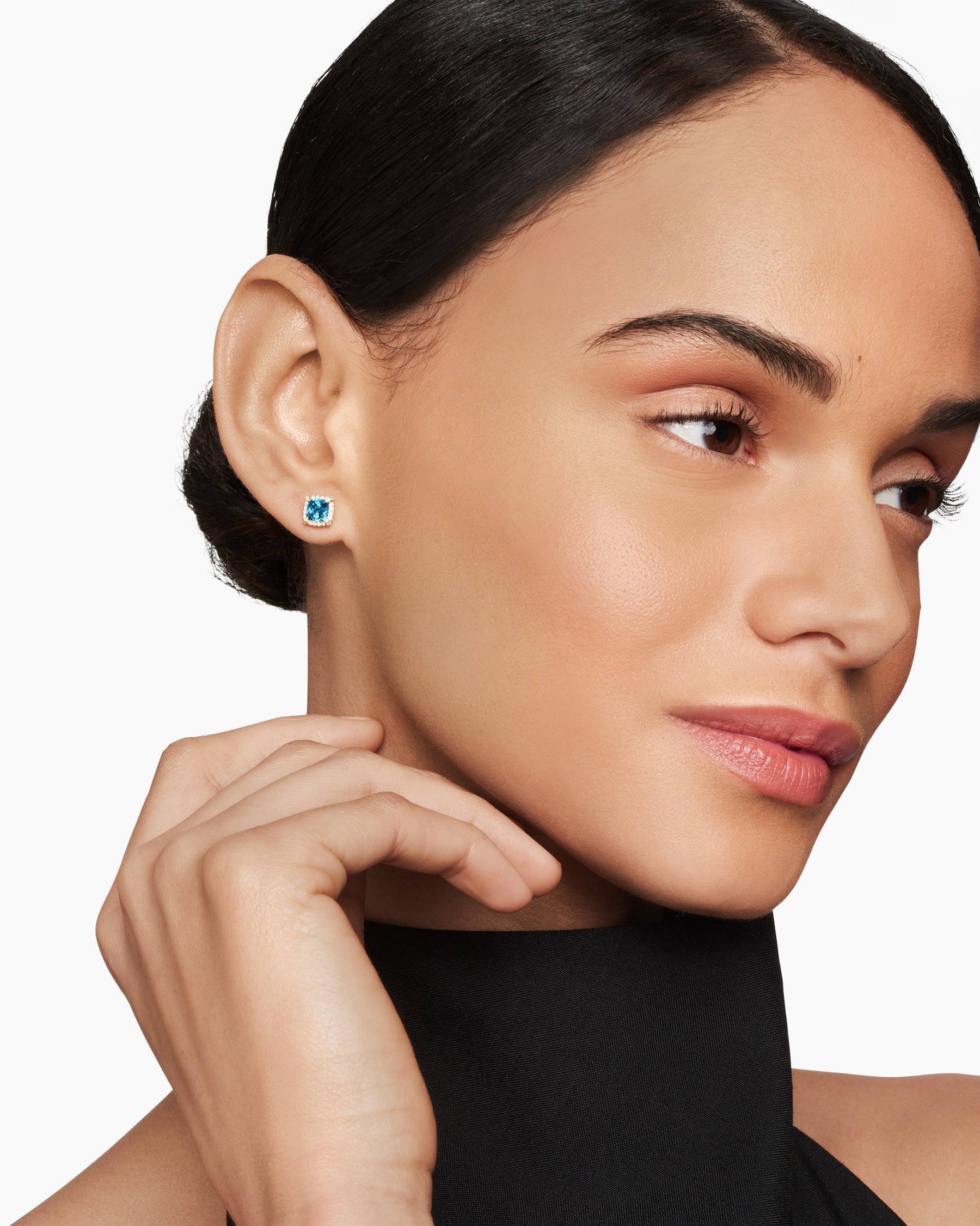 Alternative view of Petite Chatelaine Pavé Bezel Stud Earrings in 18K Yellow Gold with Hampton Blue Topaz and Diamonds, 5mm