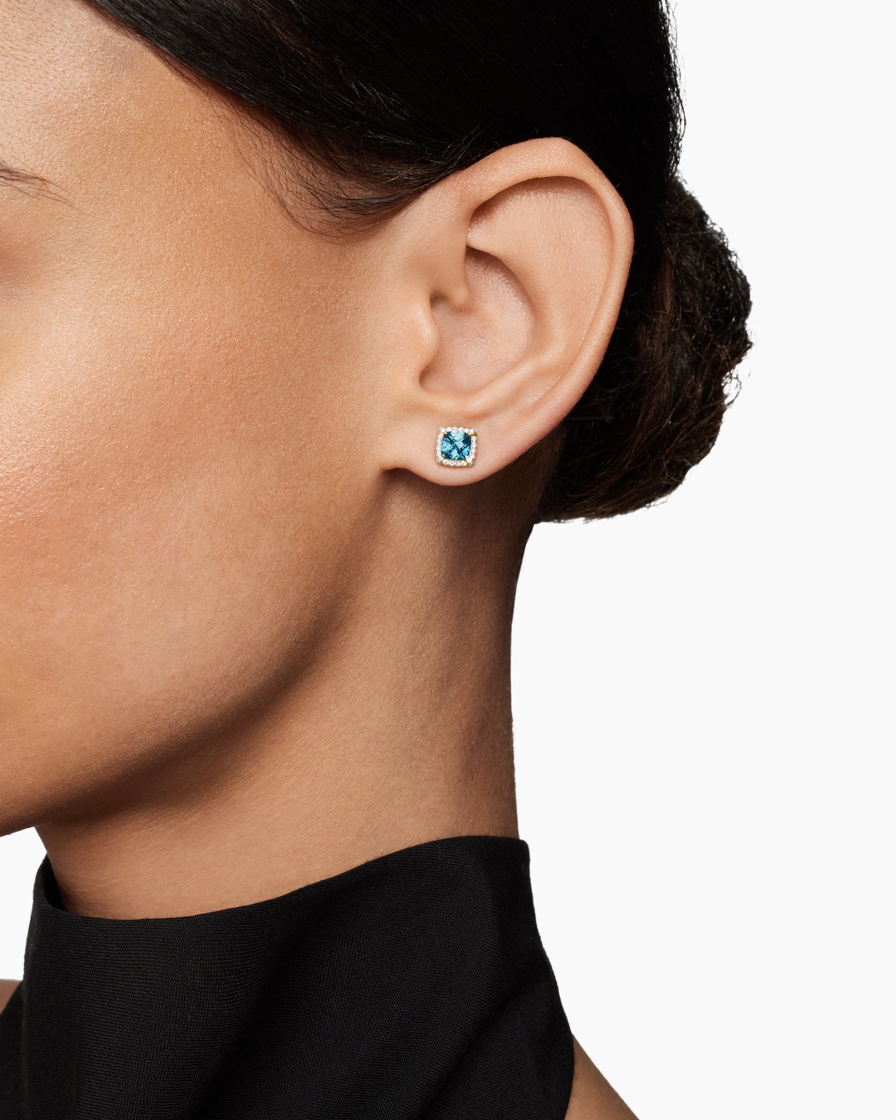 Petite Chatelaine Pavé Bezel Stud Earrings in 18K Yellow Gold with Hampton Blue Topaz and Diamonds, 5mm - Image 6