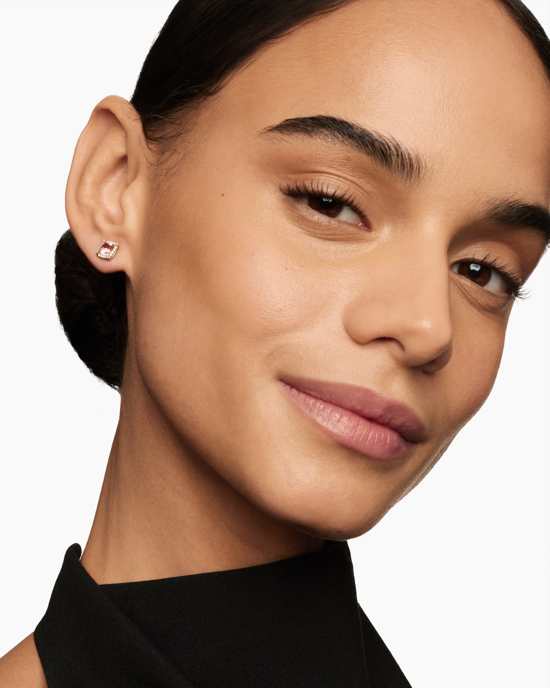 Petite Chatelaine Pavé Bezel Stud Earrings in 18K Rose Gold with Morganite and Diamonds, 5mm - Image 6