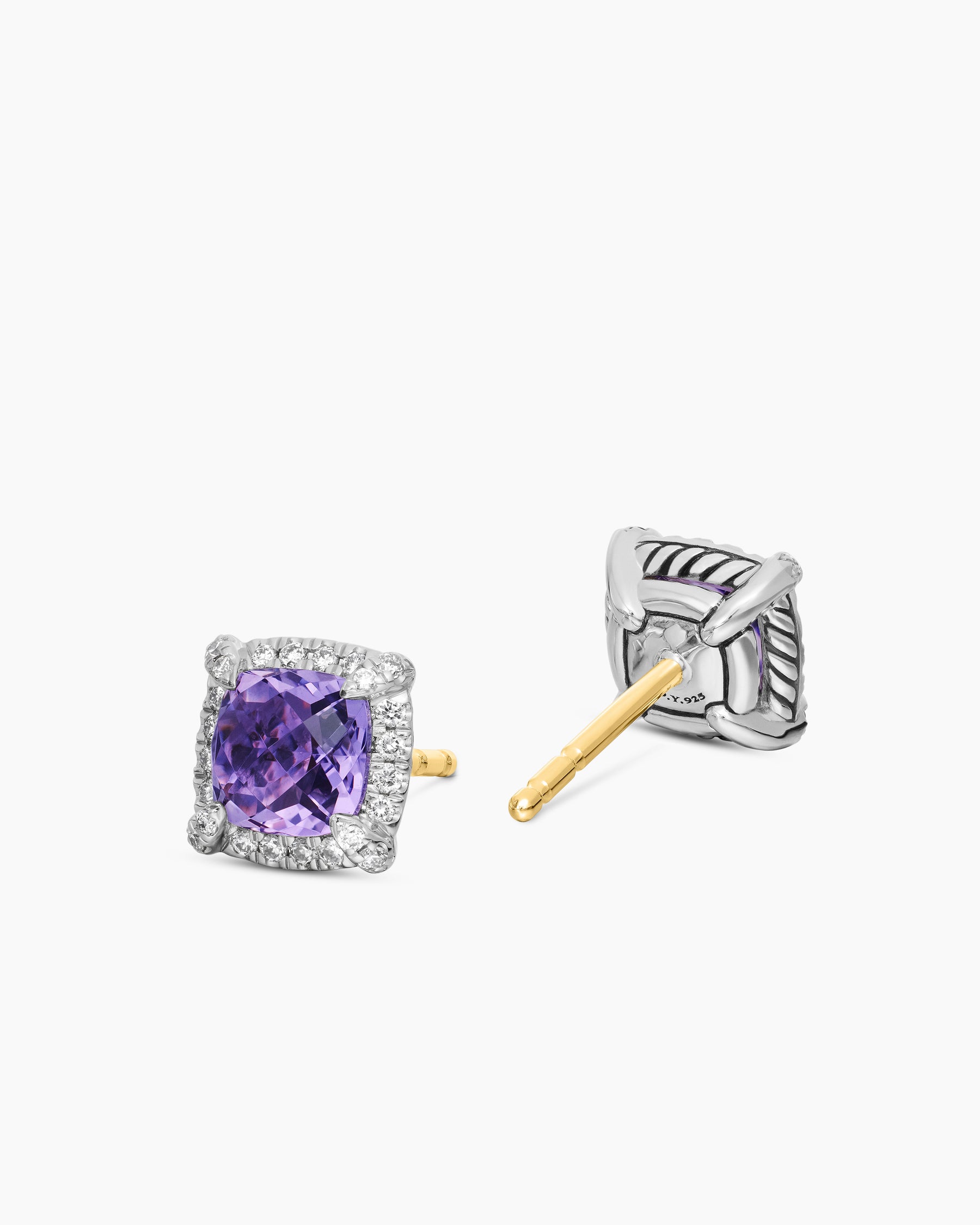 Petite Chatelaine Pavé Bezel Stud Earrings in Sterling Silver with Amethyst and Diamonds, 5mm - Image 3