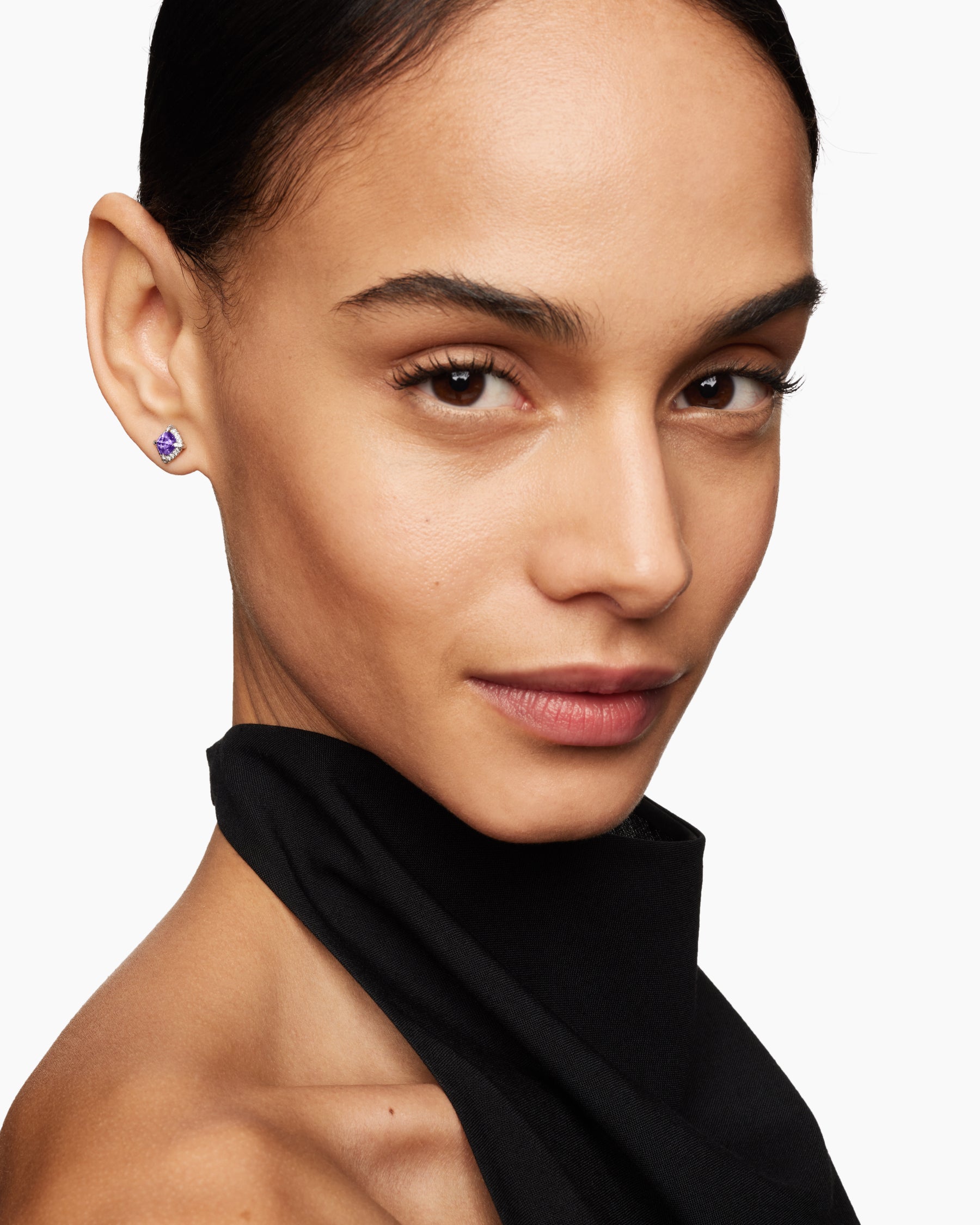 Petite Chatelaine Pavé Bezel Stud Earrings in Sterling Silver with Amethyst and Diamonds, 5mm - Image 6
