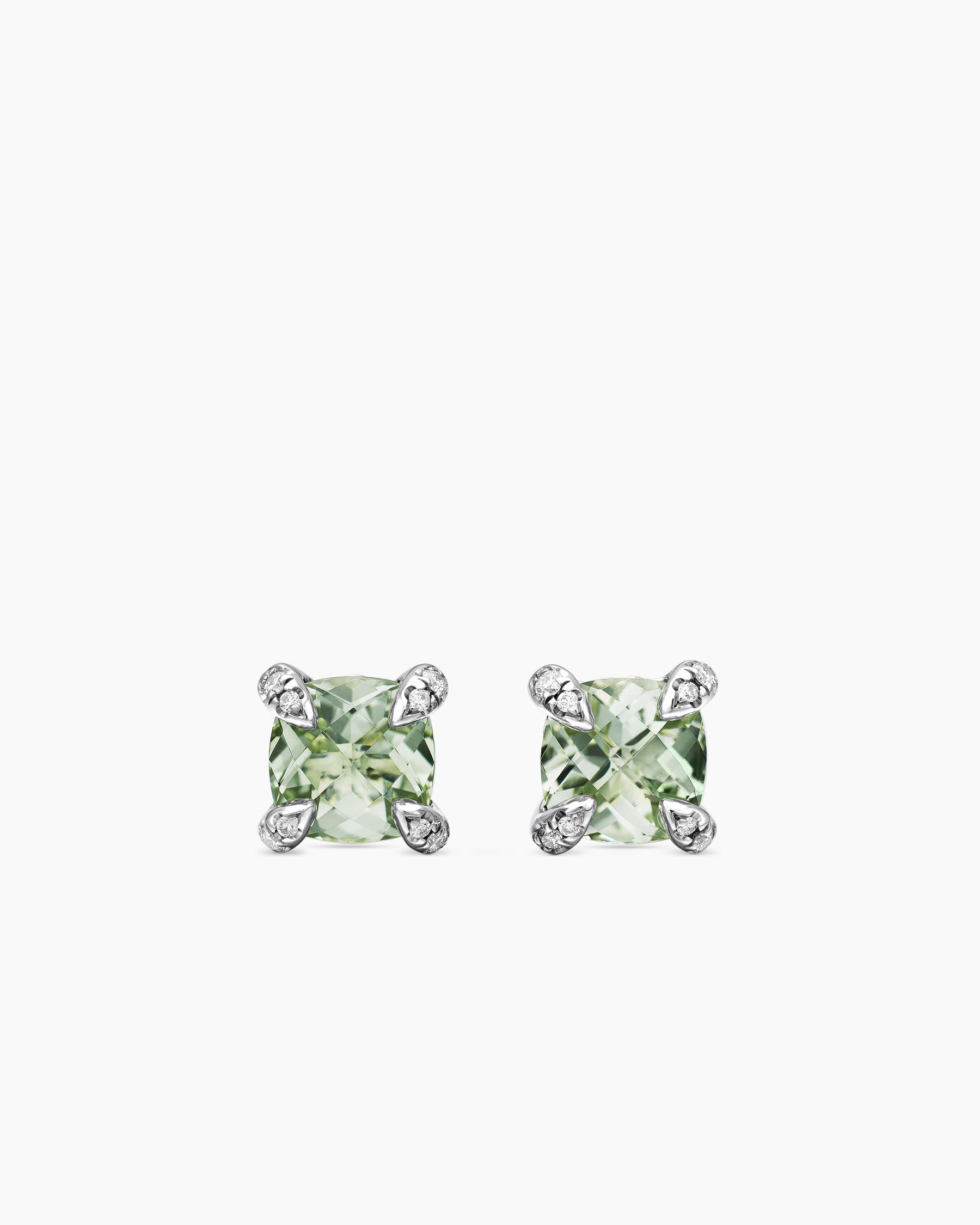 Petite Chatelaine Stud Earrings in Sterling Silver with Prasiolite and Diamonds, 6mm
