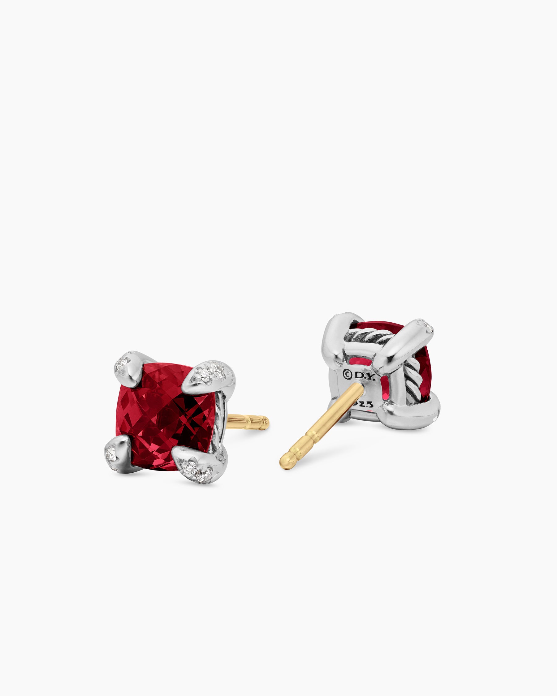 Petite Chatelaine Stud Earrings in Sterling Silver with Rhodolite Garnet and Diamonds, 6mm - Image 3