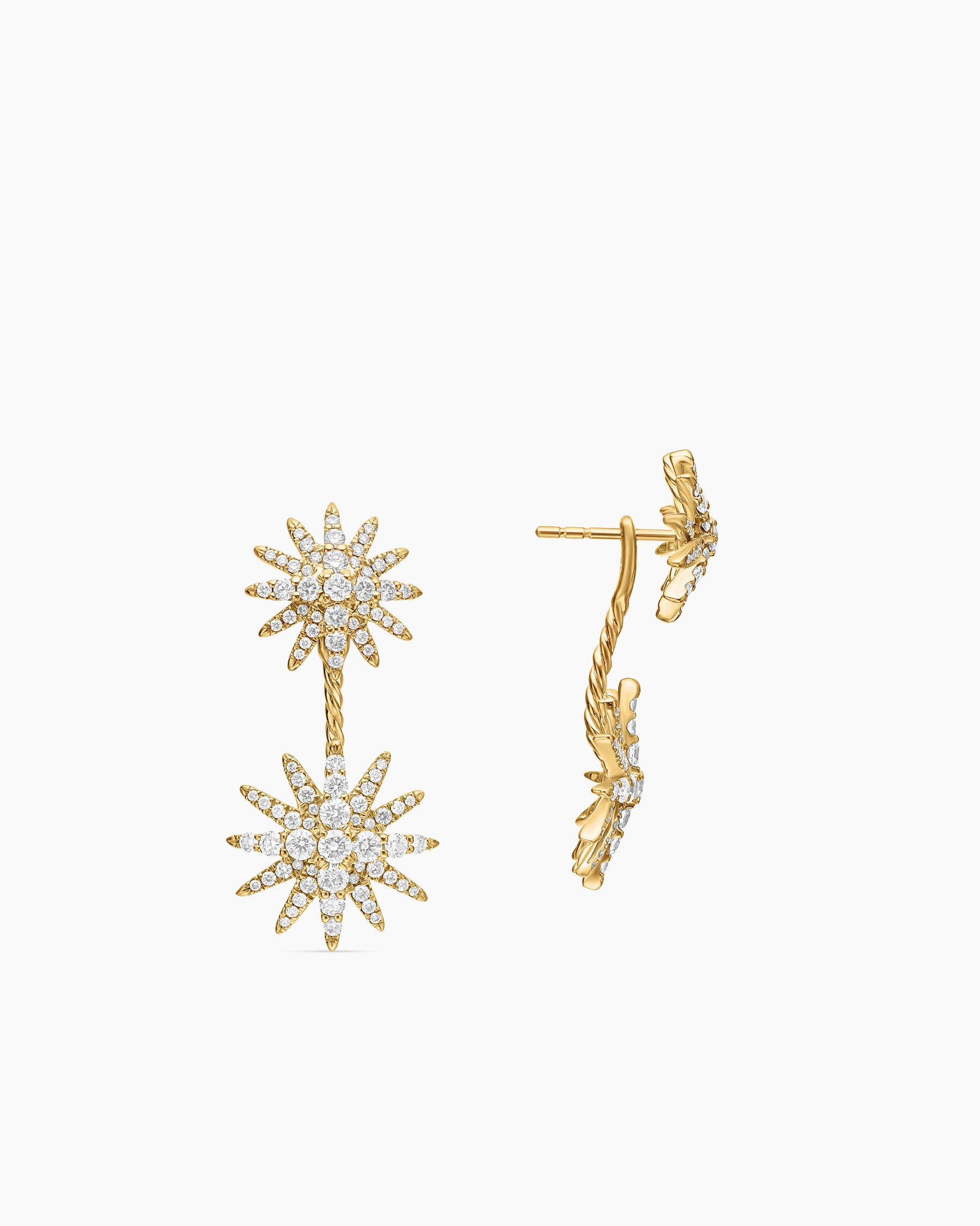 Starburst Double Drop Earrings in 18K Yellow Gold with Diamonds, 32.5mm - Image 3