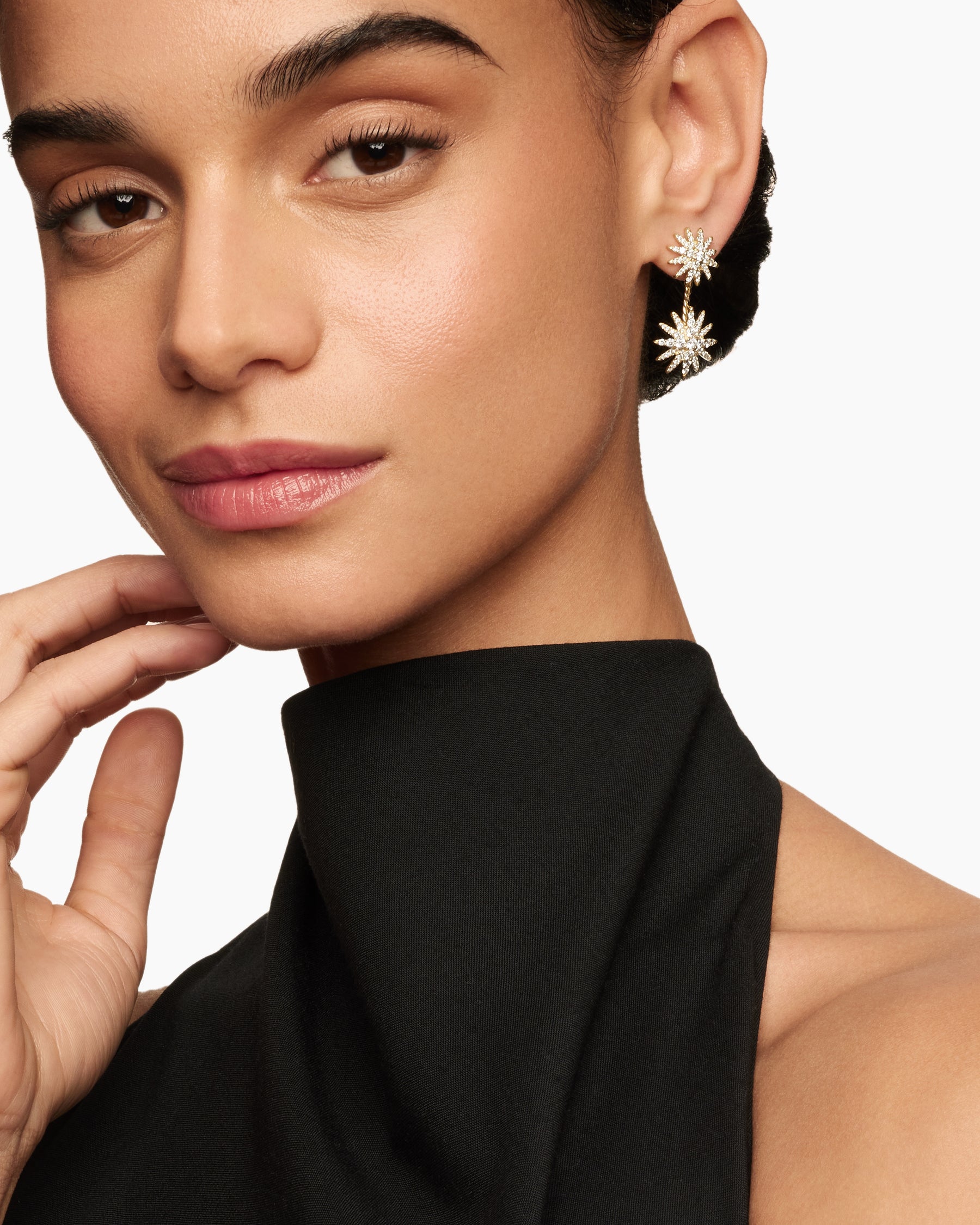 Alternative view of Starburst Double Drop Earrings in 18K Yellow Gold with Diamonds, 32.5mm