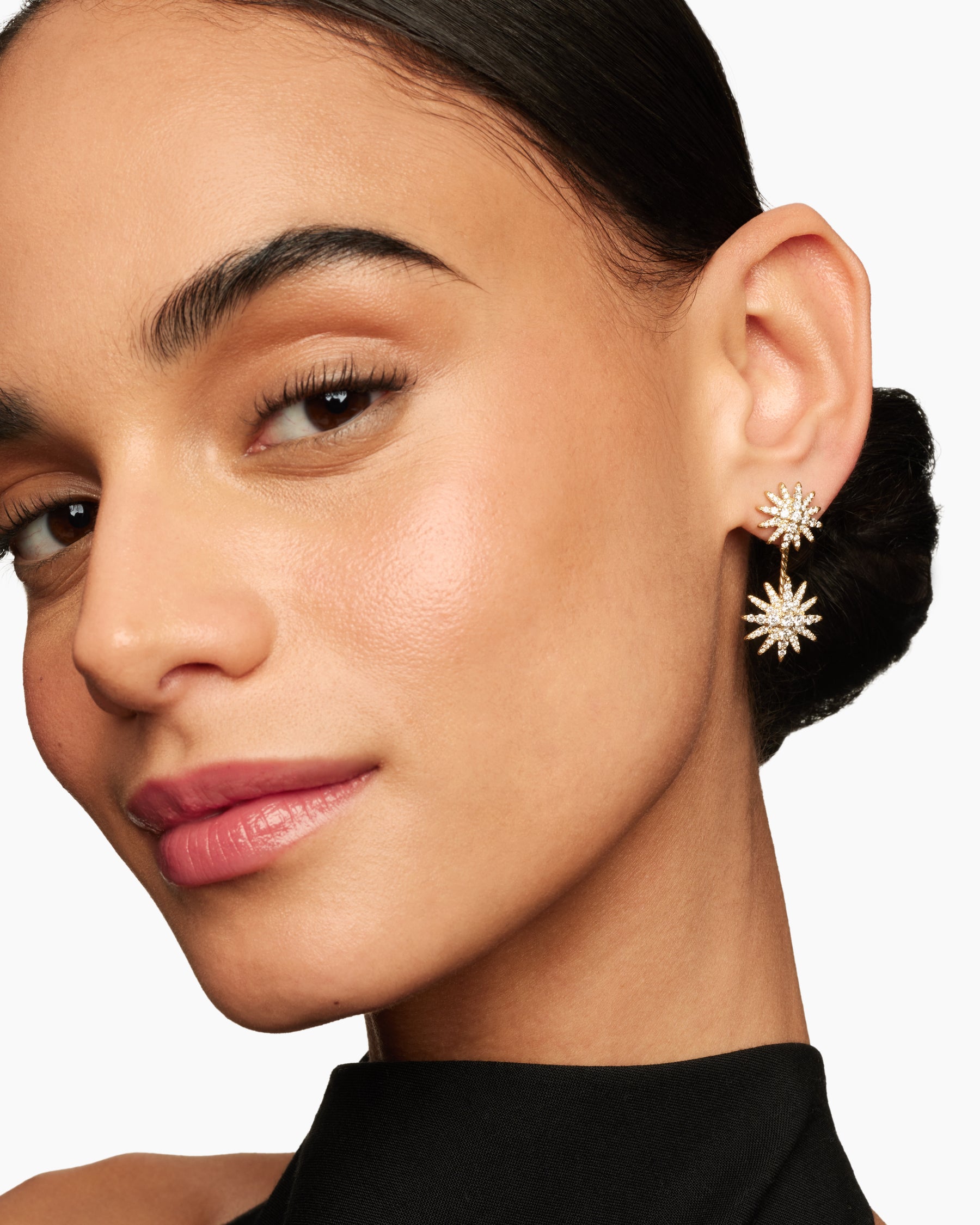 Starburst Double Drop Earrings in 18K Yellow Gold with Diamonds, 32.5mm - Image 6