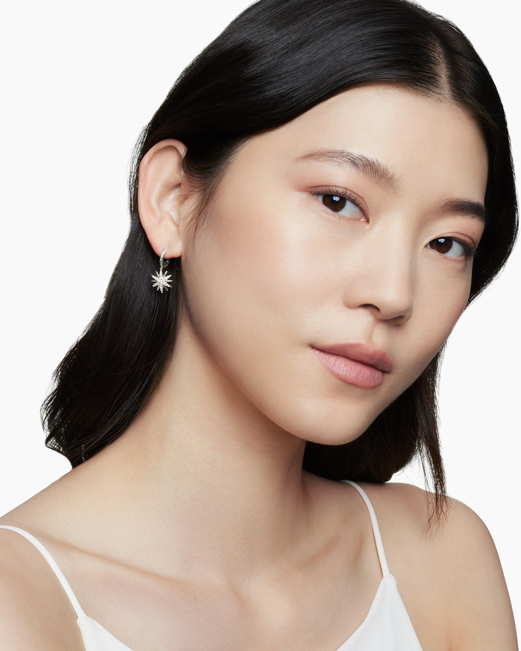Alternative view of Starburst Drop Earrings in Sterling Silver with Diamonds, 25mm
