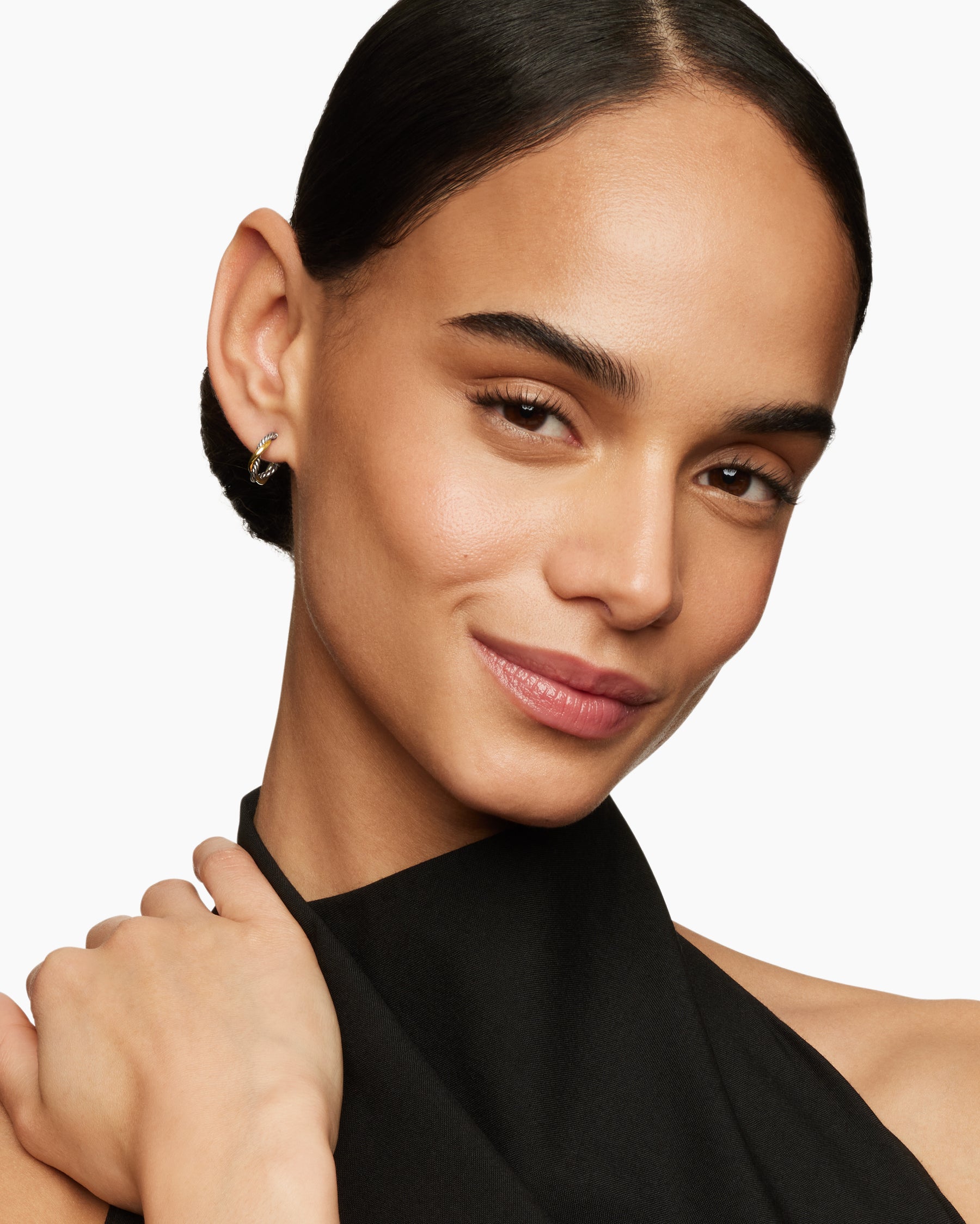 Alternative view of Petite Infinity Huggie Hoop Earrings in Sterling Silver with 14K Yellow Gold, 3mm